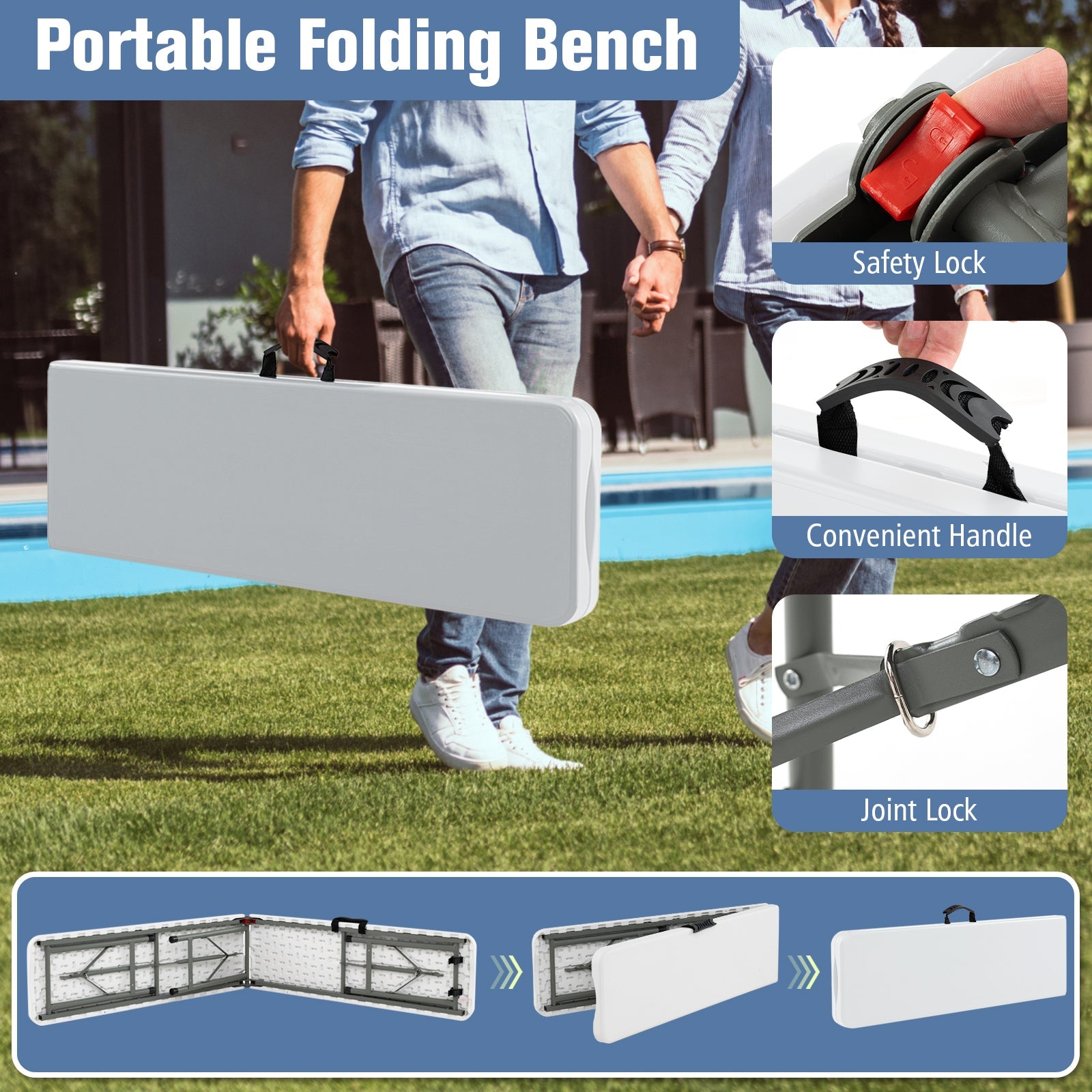 6 Feet Plastic Folding Bench Portable Seat with Handle and Lock - Energize Trek