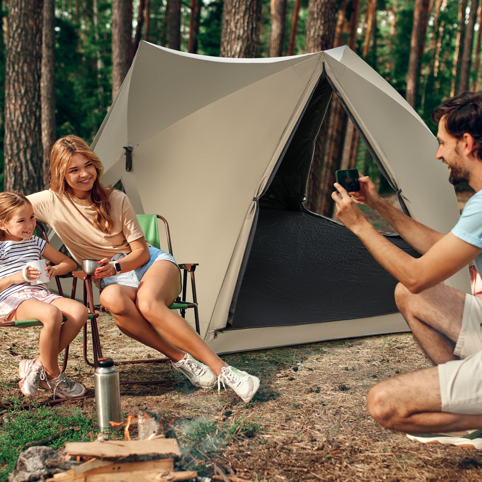 6-Sided Pop-up Family Tent with Rainfly Skylight 3 Doors 3 Windows-Green - Energize Trek