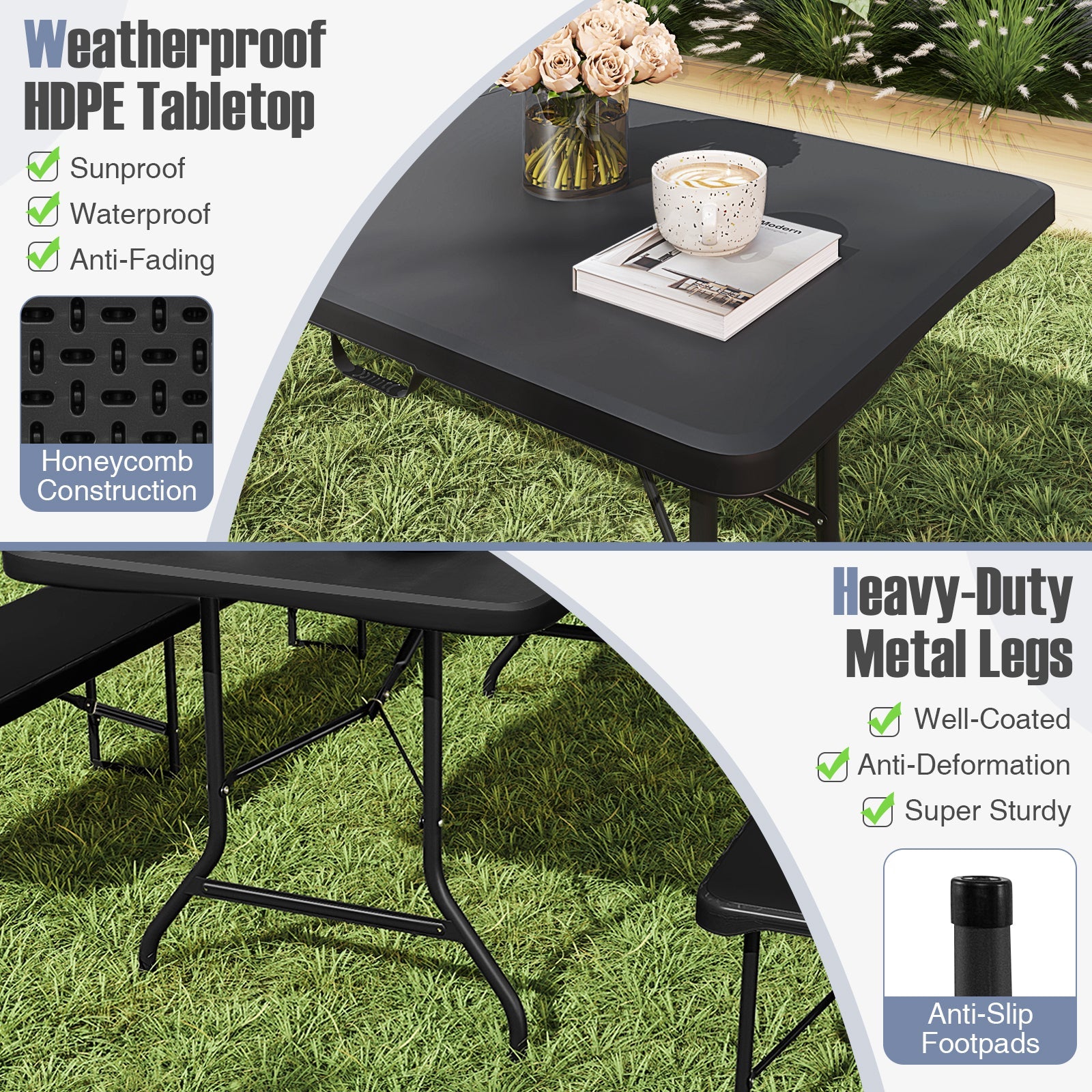 6 ft Portable Folding Table 350 LBS Fold-in-Half Table with HDPE Tabletop - Energize Trek