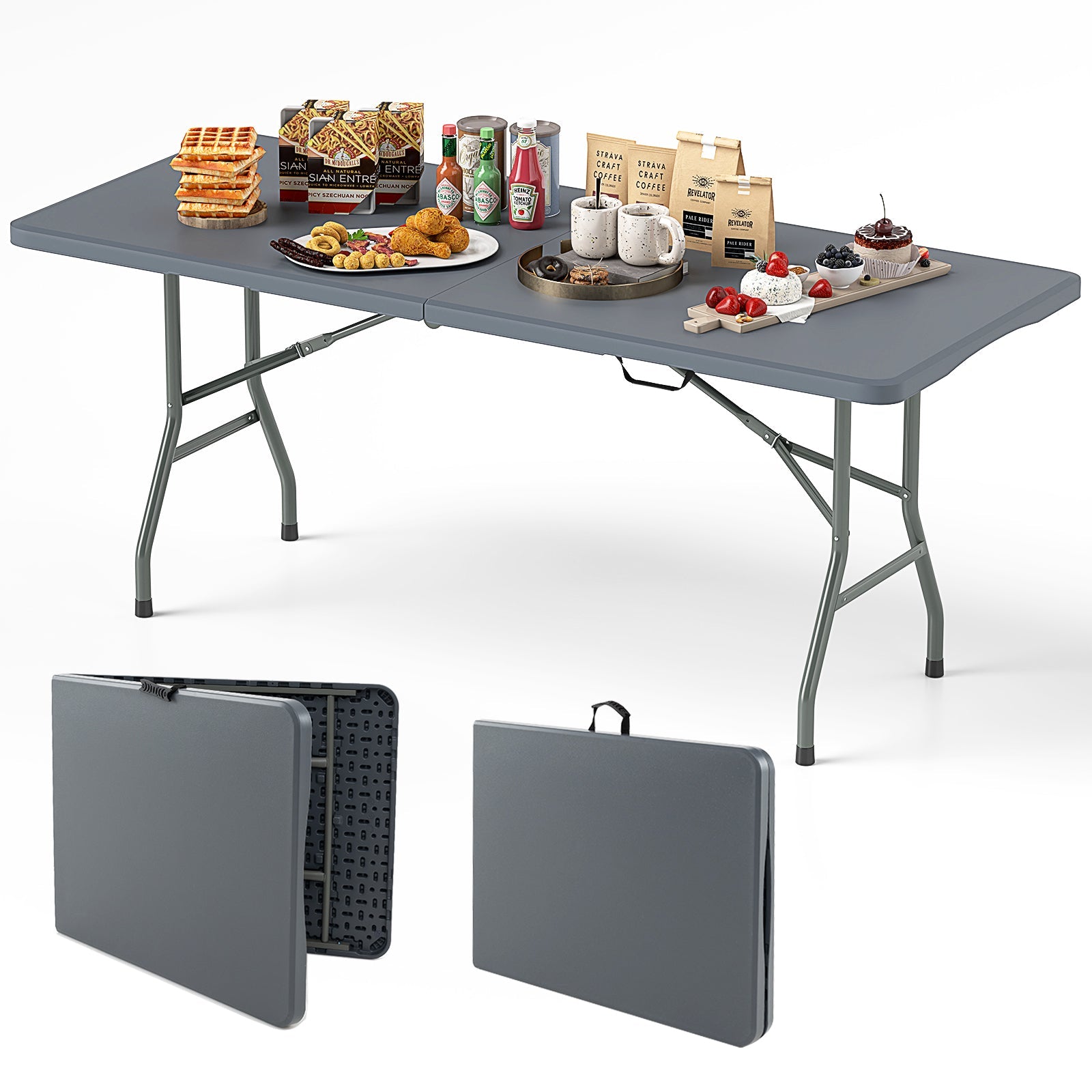 6 ft Portable Folding Table 350 LBS Fold-in-Half Table with HDPE Tabletop - Energize Trek