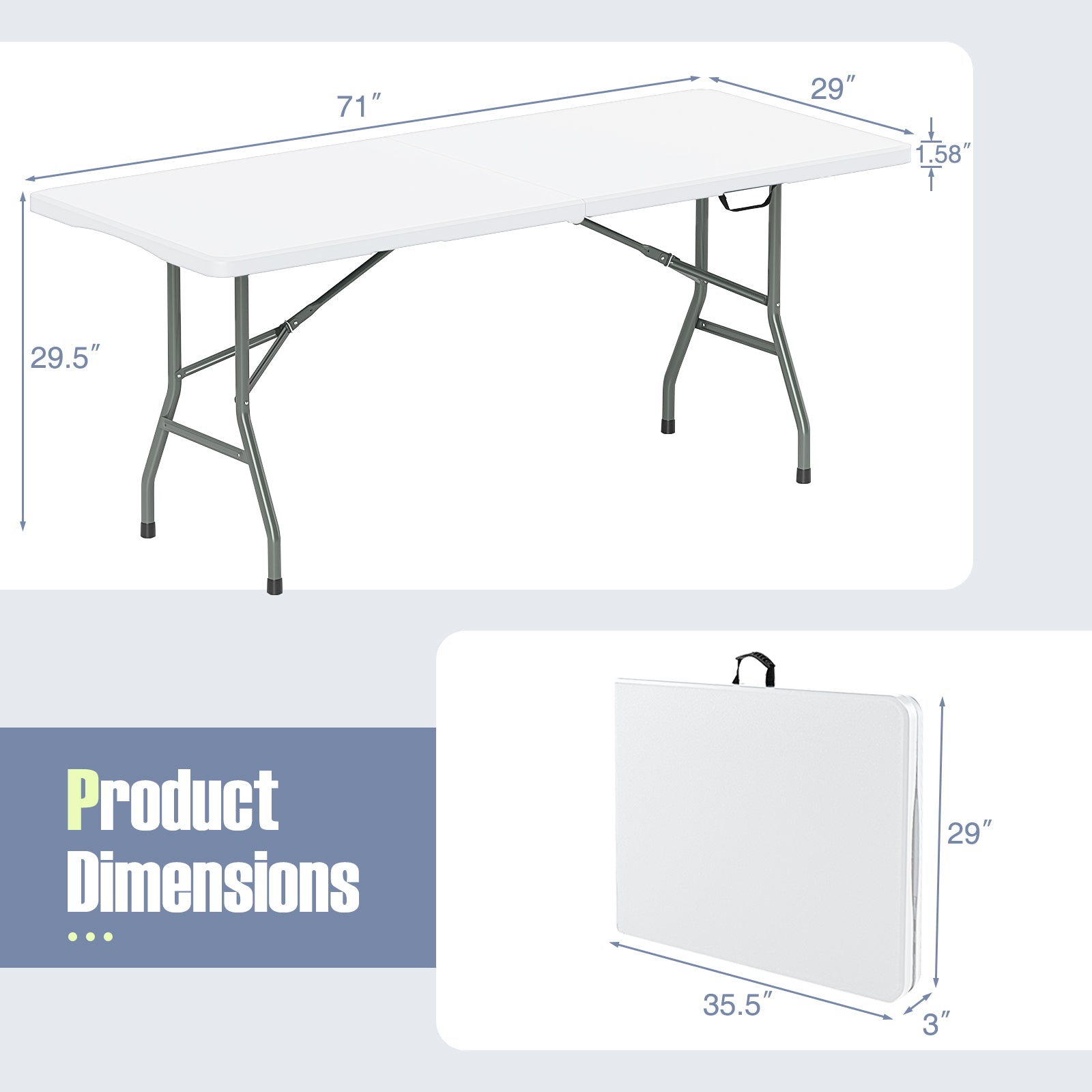 6 ft Portable Folding Table 350 LBS Fold-in-Half Table with HDPE Tabletop - Energize Trek