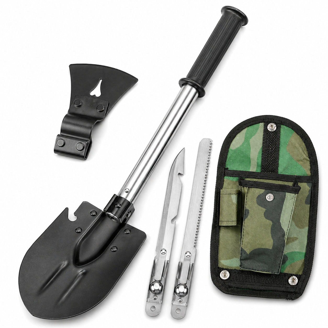 6-in-1 Multi Tool Survival Kit Shovel Knife Axe Saw Nail Puller w/ Pouch Outdoor Gear Camping - Energize Trek