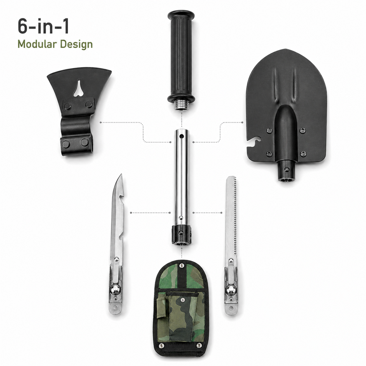 6-in-1 Multi Tool Survival Kit Shovel Knife Axe Saw Nail Puller w/ Pouch Outdoor Gear Camping - Energize Trek