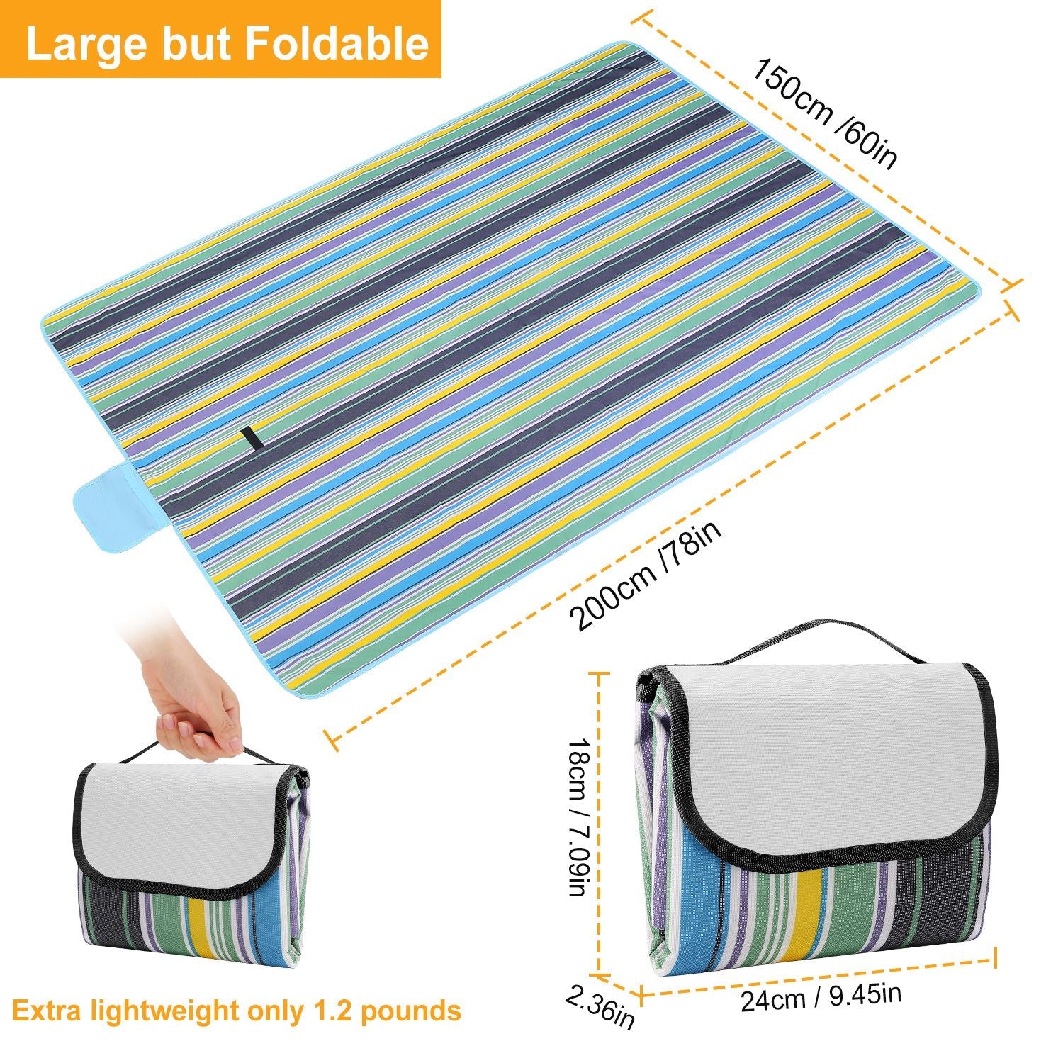 60" x 78" Waterproof Picnic Blanket Handy Mat with Strap Foldable Camping Rug for Camping Hiking Grass Travelling - Energize Trek