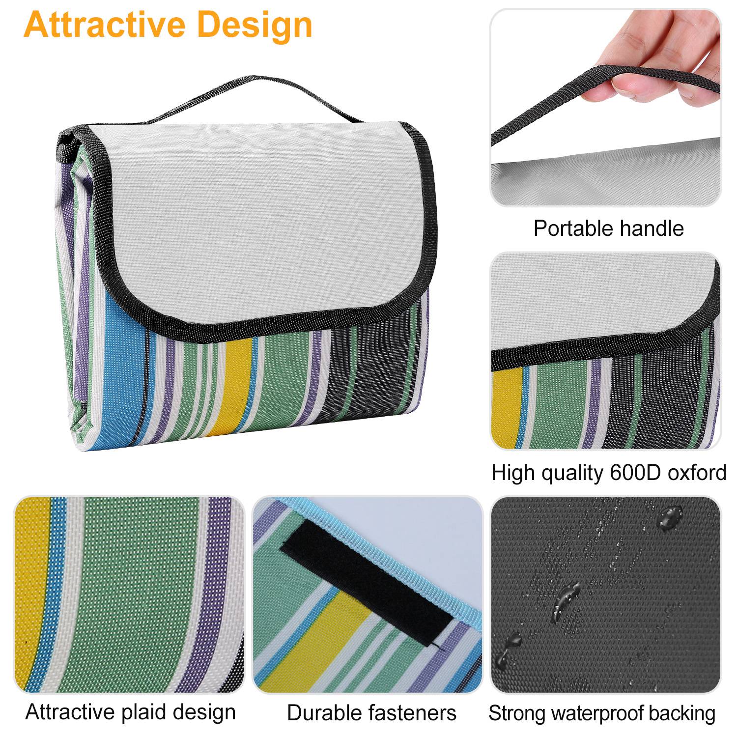 60" x 78" Waterproof Picnic Blanket Handy Mat with Strap Foldable Camping Rug for Camping Hiking Grass Travelling - Energize Trek