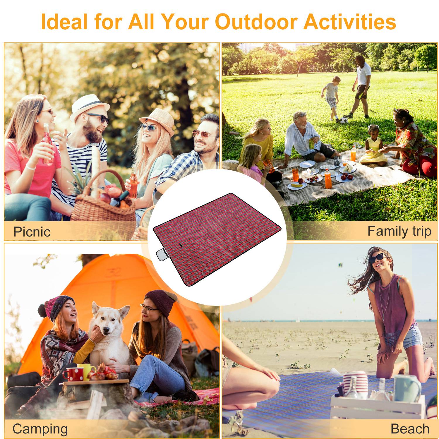 60" x 78" Waterproof Picnic Blanket Handy Mat with Strap Foldable Camping Rug for Camping Hiking Grass Travelling - Energize Trek