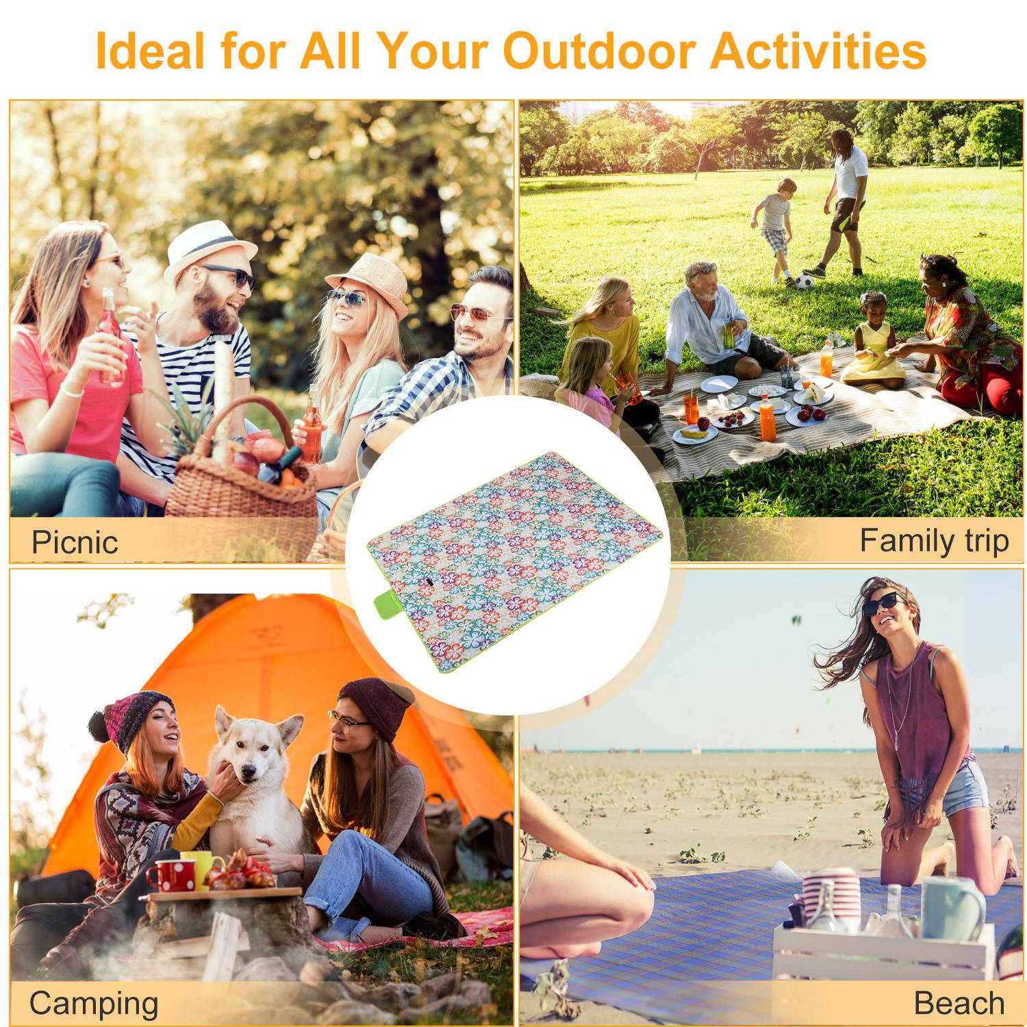 60" x 78" Waterproof Picnic Blanket Handy Mat with Strap Foldable Camping Rug for Camping Hiking Grass Travelling - Energize Trek