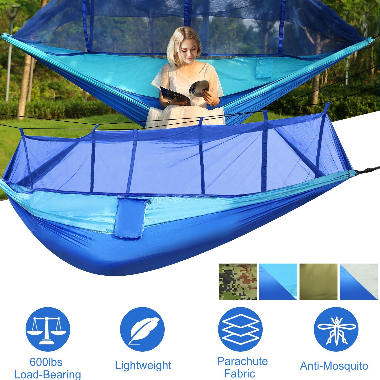 600lbs Load 2 Persons Hammock w/Mosquito Net Outdoor Hiking Camping Hommock Portable Nylon Swing Hanging Bed w/ Strap Hook Carry Bag - Energize Trek