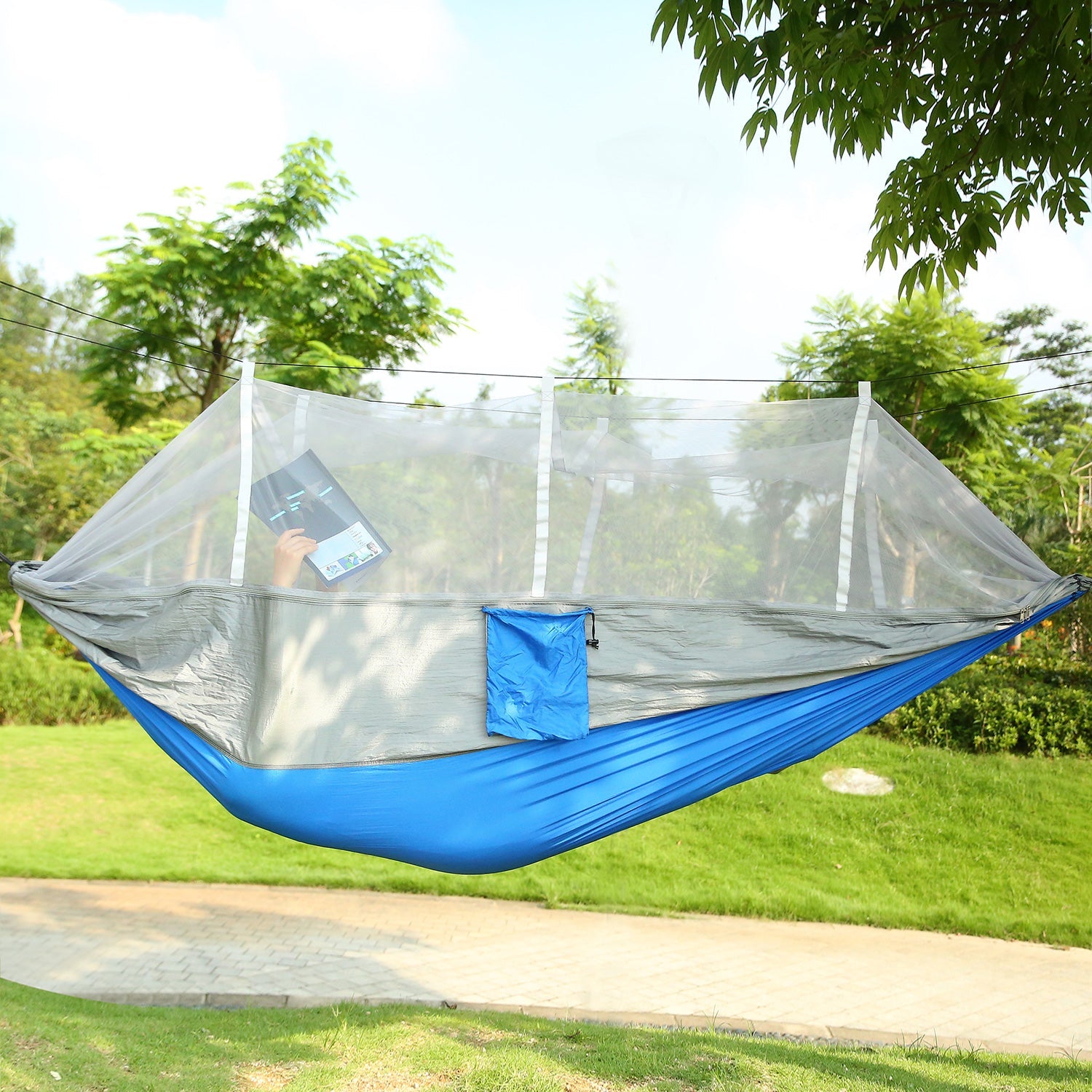 600lbs Load 2 Persons Hammock w/Mosquito Net Outdoor Hiking Camping Hommock Portable Nylon Swing Hanging Bed w/ Strap Hook Carry Bag - Energize Trek