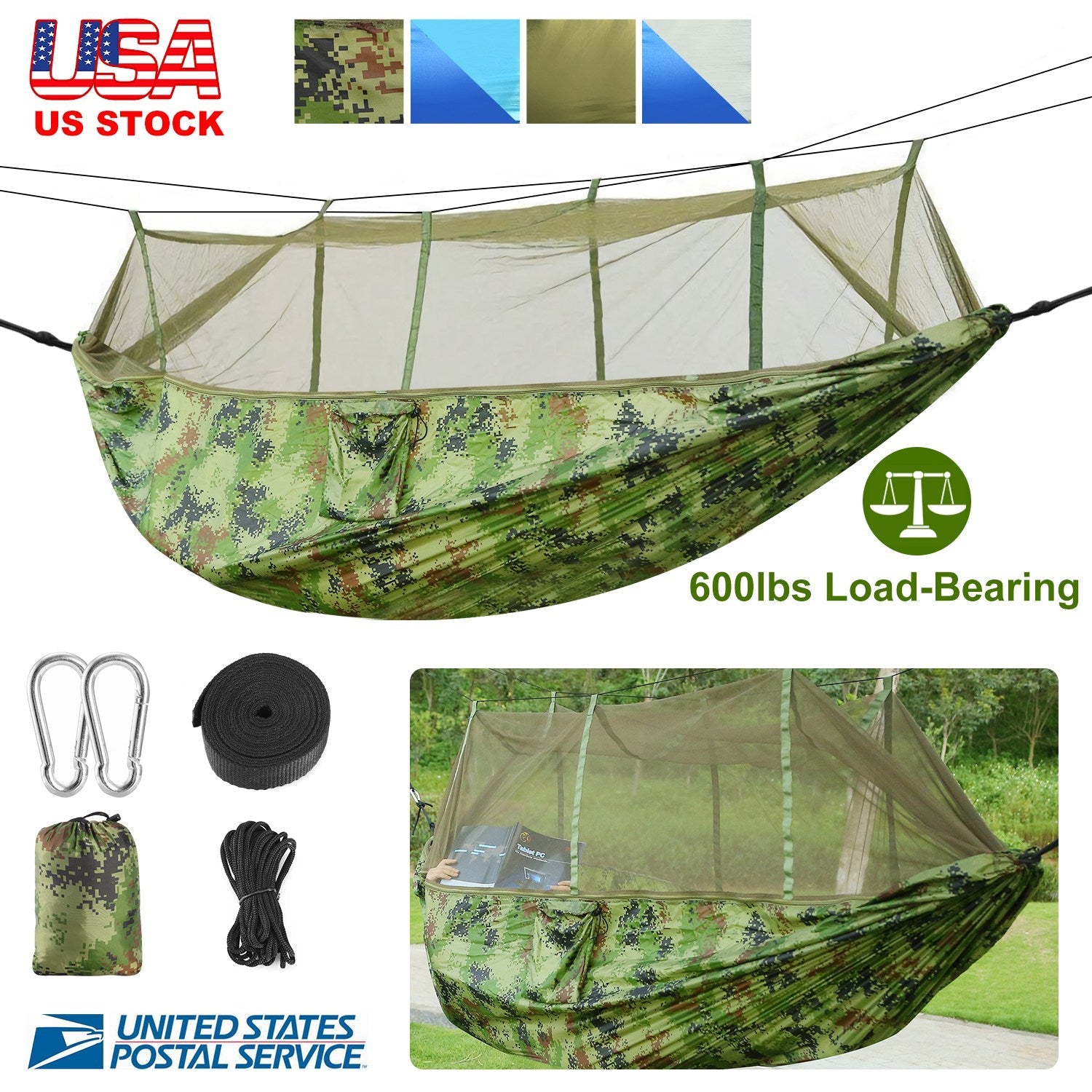 600lbs Load 2 Persons Hammock w/Mosquito Net Outdoor Hiking Camping Hommock Portable Nylon Swing Hanging Bed w/ Strap Hook Carry Bag - Energize Trek