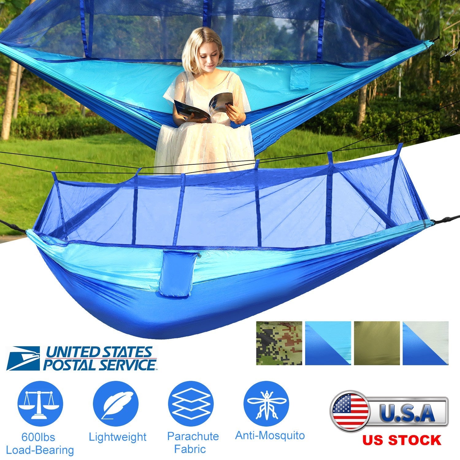 600lbs Load 2 Persons Hammock w/Mosquito Net Outdoor Hiking Camping Hommock Portable Nylon Swing Hanging Bed w/ Strap Hook Carry Bag - Energize Trek