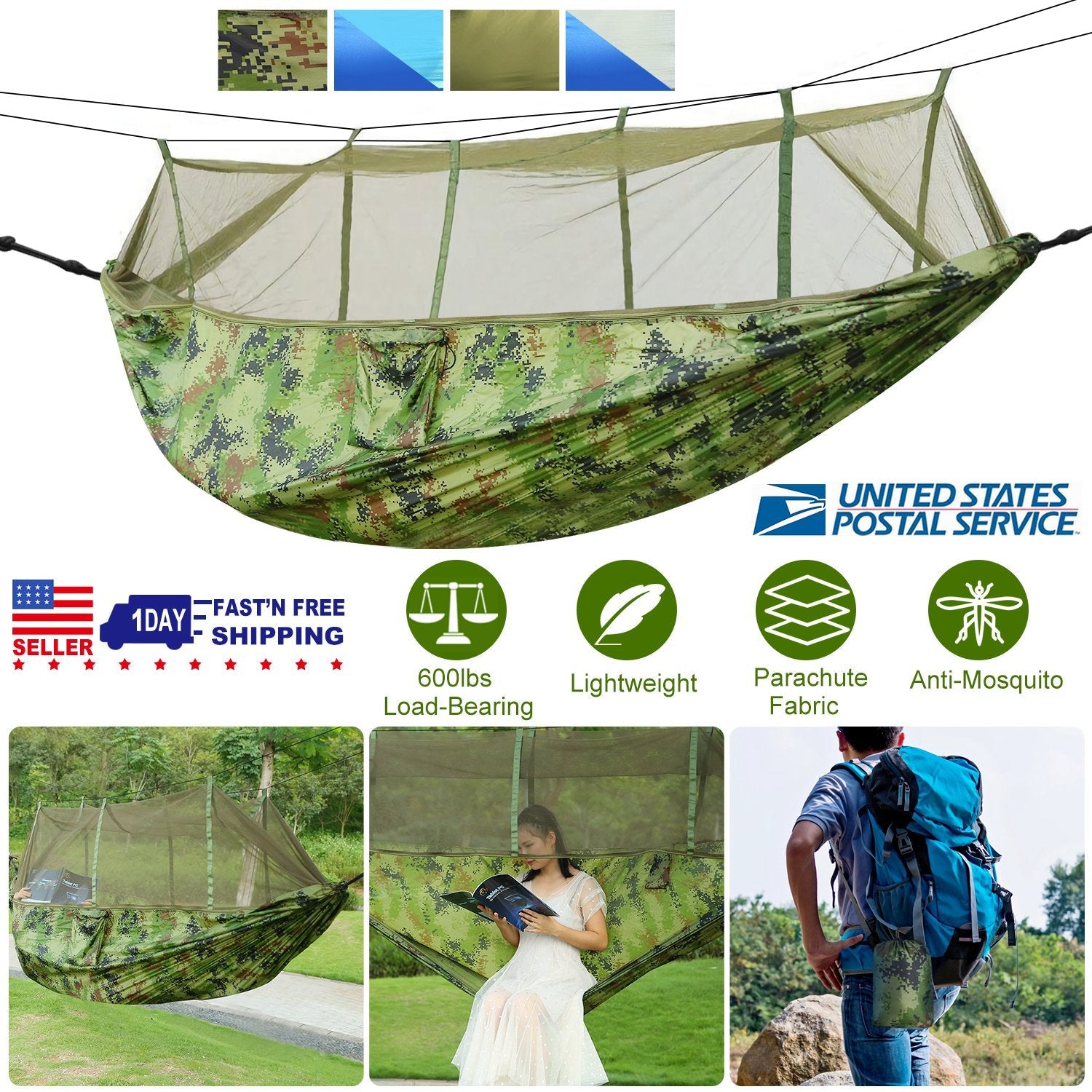 600lbs Load 2 Persons Hammock w/Mosquito Net Outdoor Hiking Camping Hommock Portable Nylon Swing Hanging Bed w/ Strap Hook Carry Bag - Energize Trek