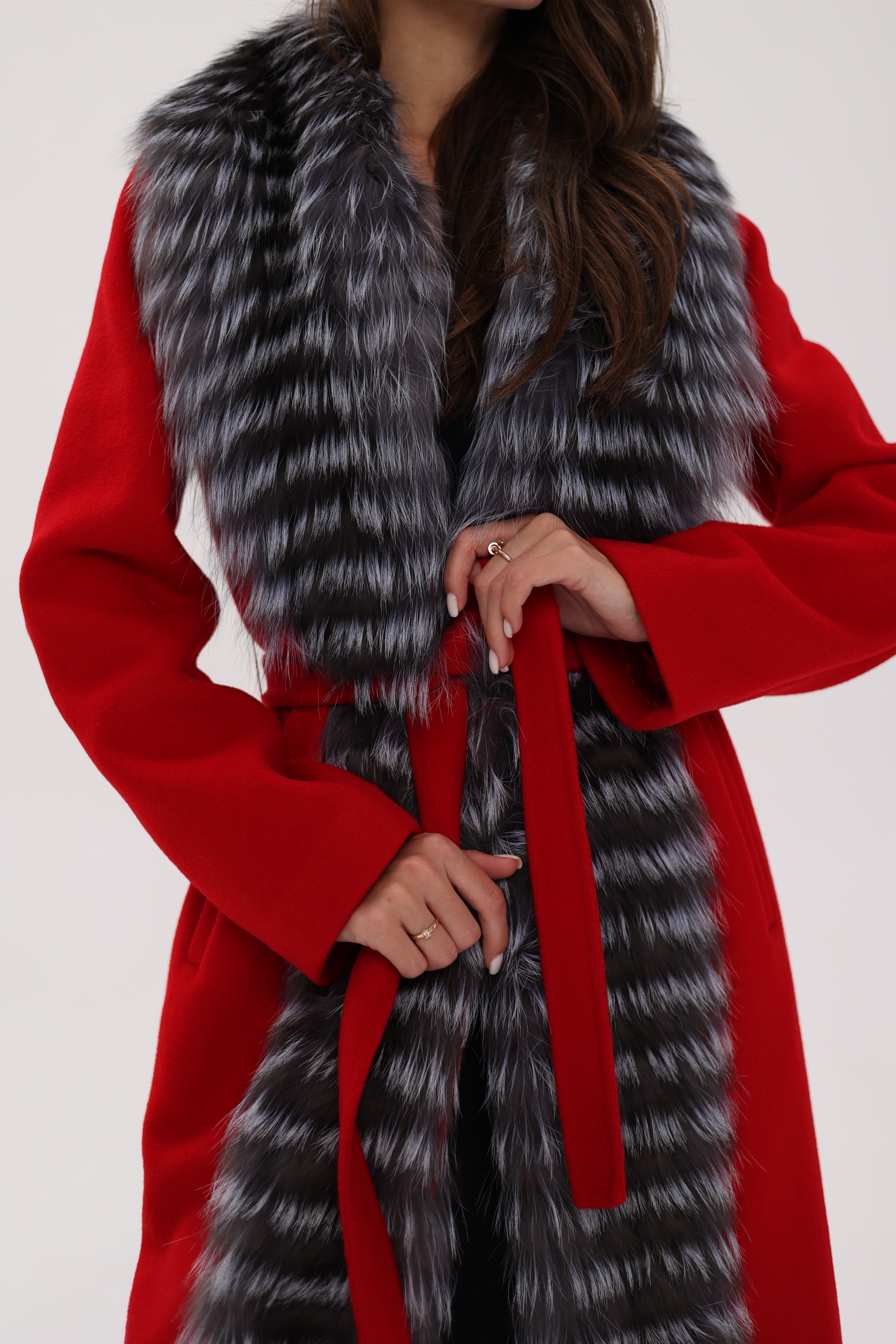 Genuine Silver Fox Virgin Wool Wrap Coat in Red - Energize Trek