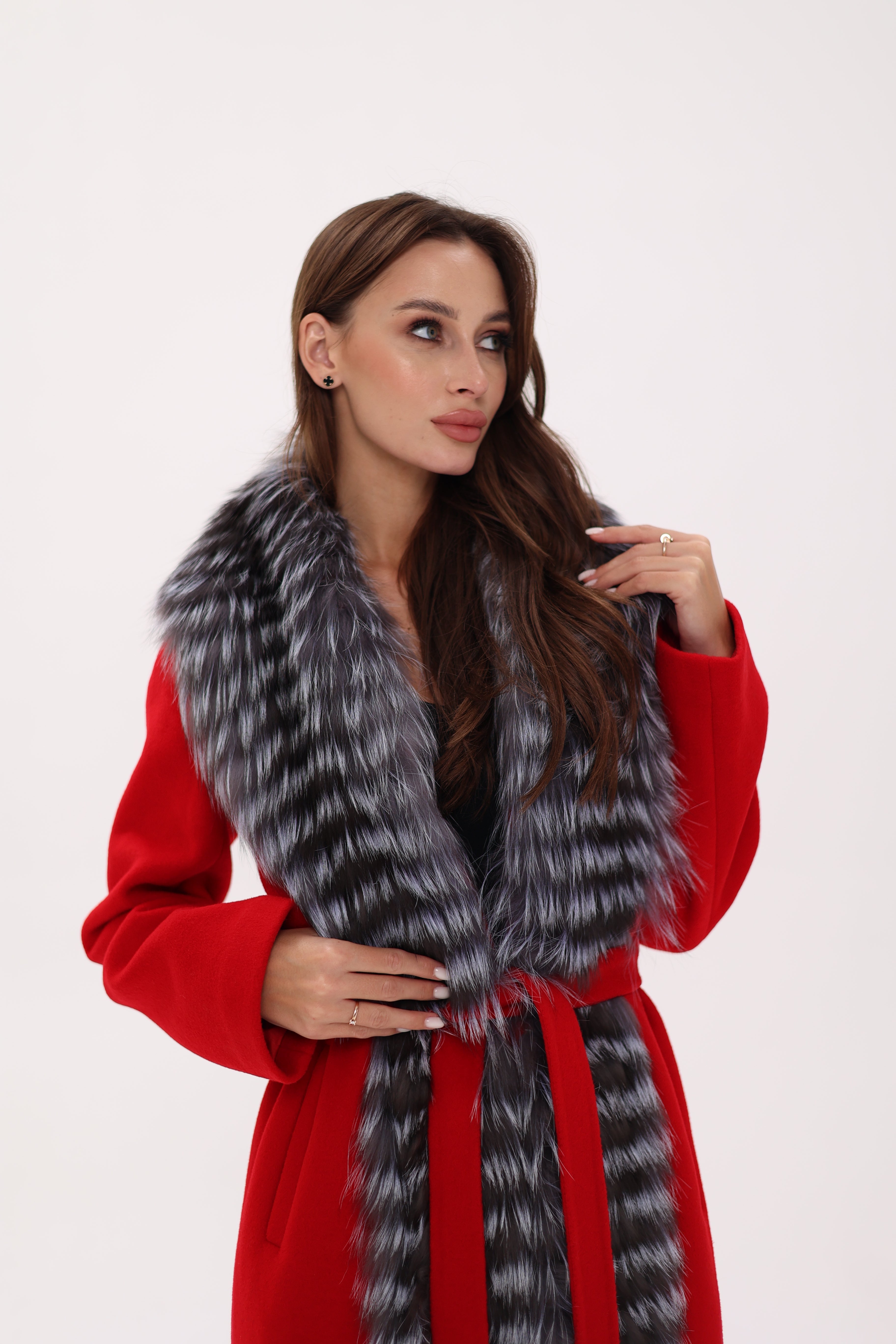 Genuine Silver Fox Virgin Wool Wrap Coat in Red - Energize Trek