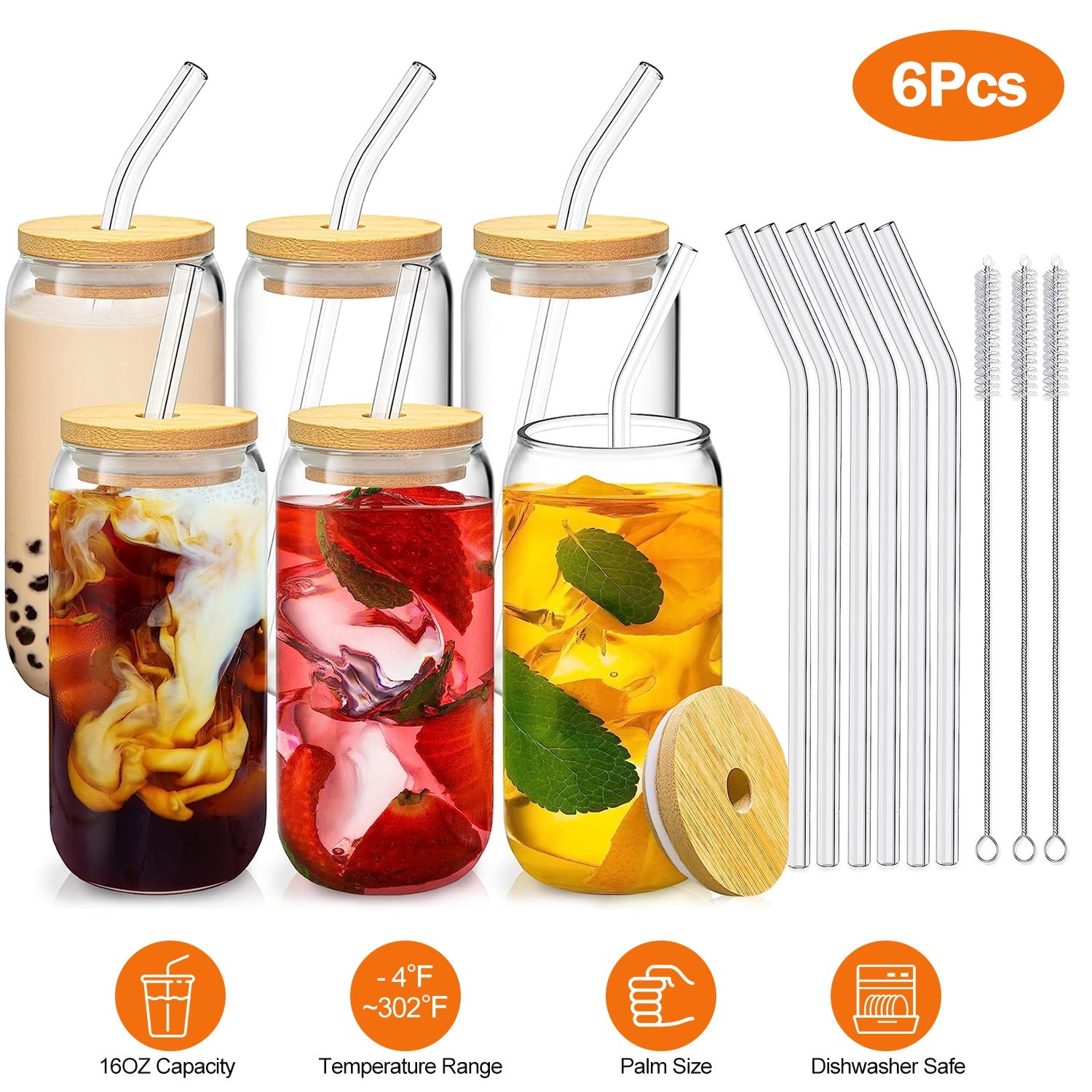 6Pcs Mason Jar Cups with Lid 16OZ Reusable Glass Beer Can with Bamboo Lids Glass Straws Cleaning Brush for Iced Coffee Smoothie Tea - Energize Trek