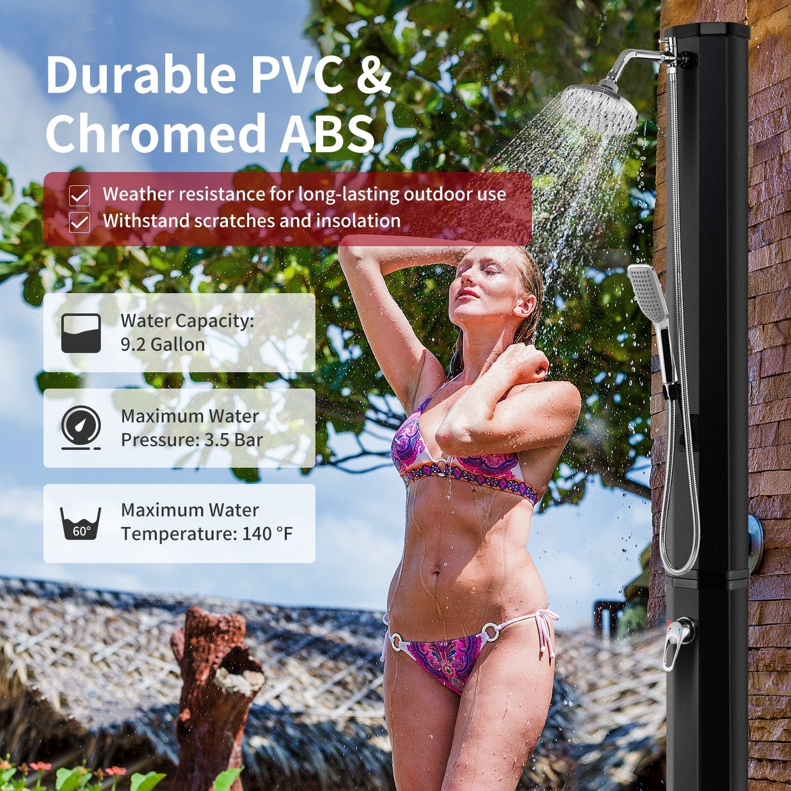 7.2 Feet 9.3 Gallon Solar Heated Shower with Hand and Foot Tap - Energize Trek