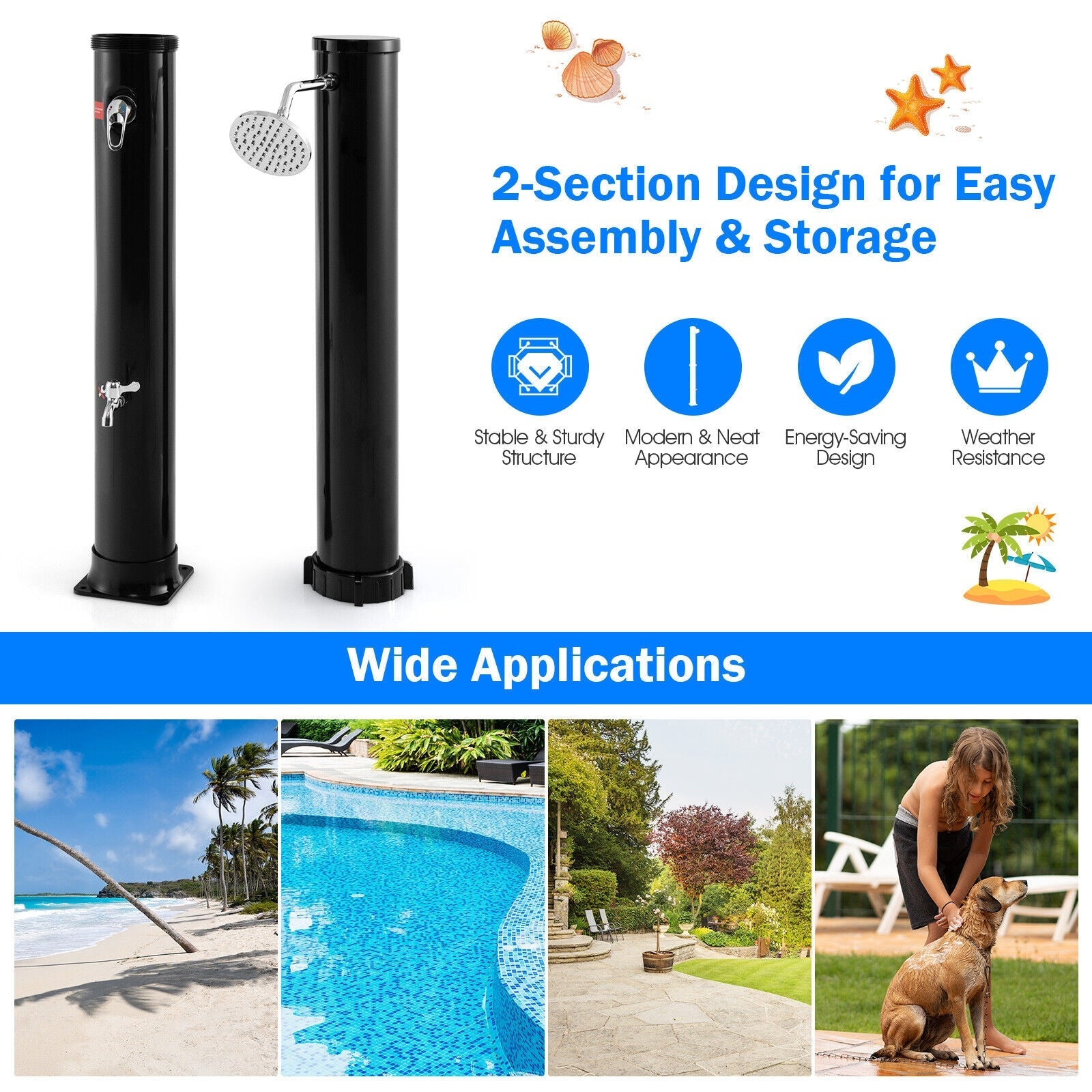 7.2 Feet Solar-Heated Outdoor Shower with Free-Rotating Shower Head - Energize Trek