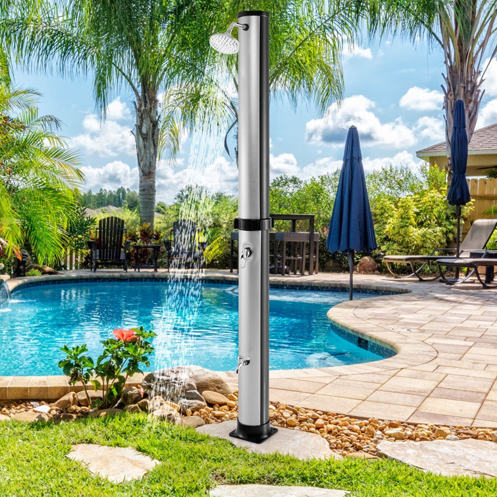 7.2 Feet Solar-Heated Outdoor Shower with Free-Rotating Shower Head - Energize Trek