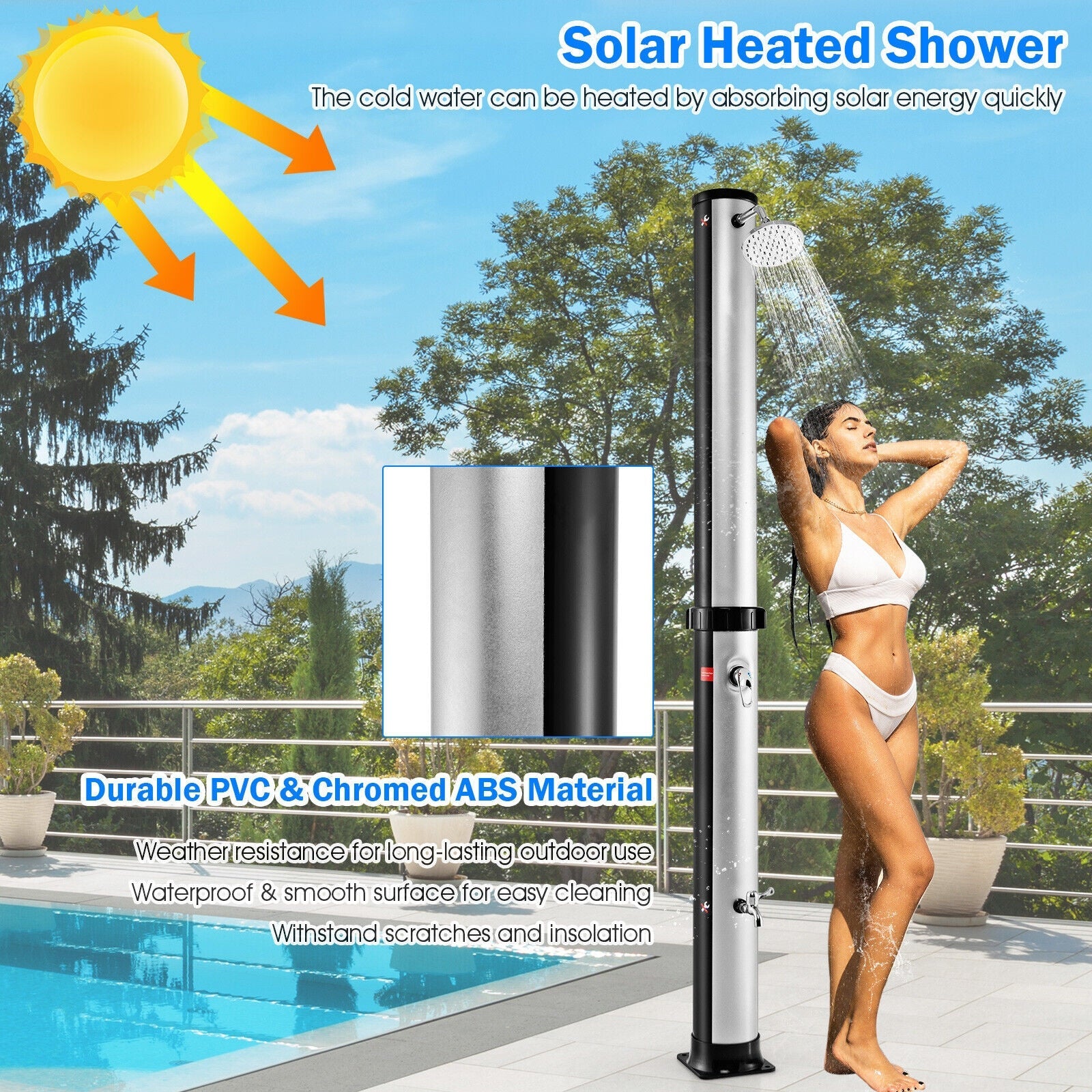 7.2 Feet Solar-Heated Outdoor Shower with Free-Rotating Shower Head - Energize Trek