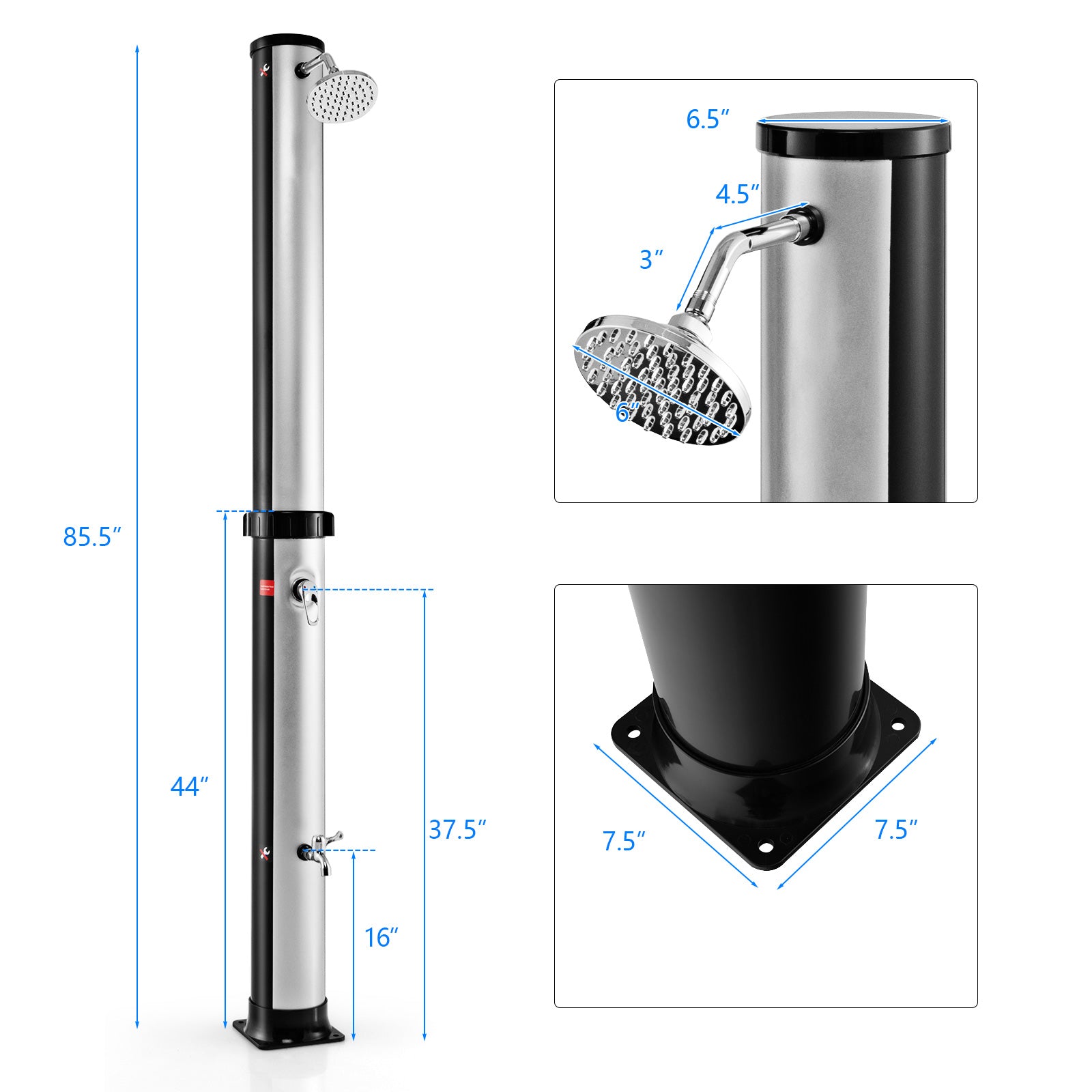 7.2 Feet Solar-Heated Outdoor Shower with Free-Rotating Shower Head - Energize Trek