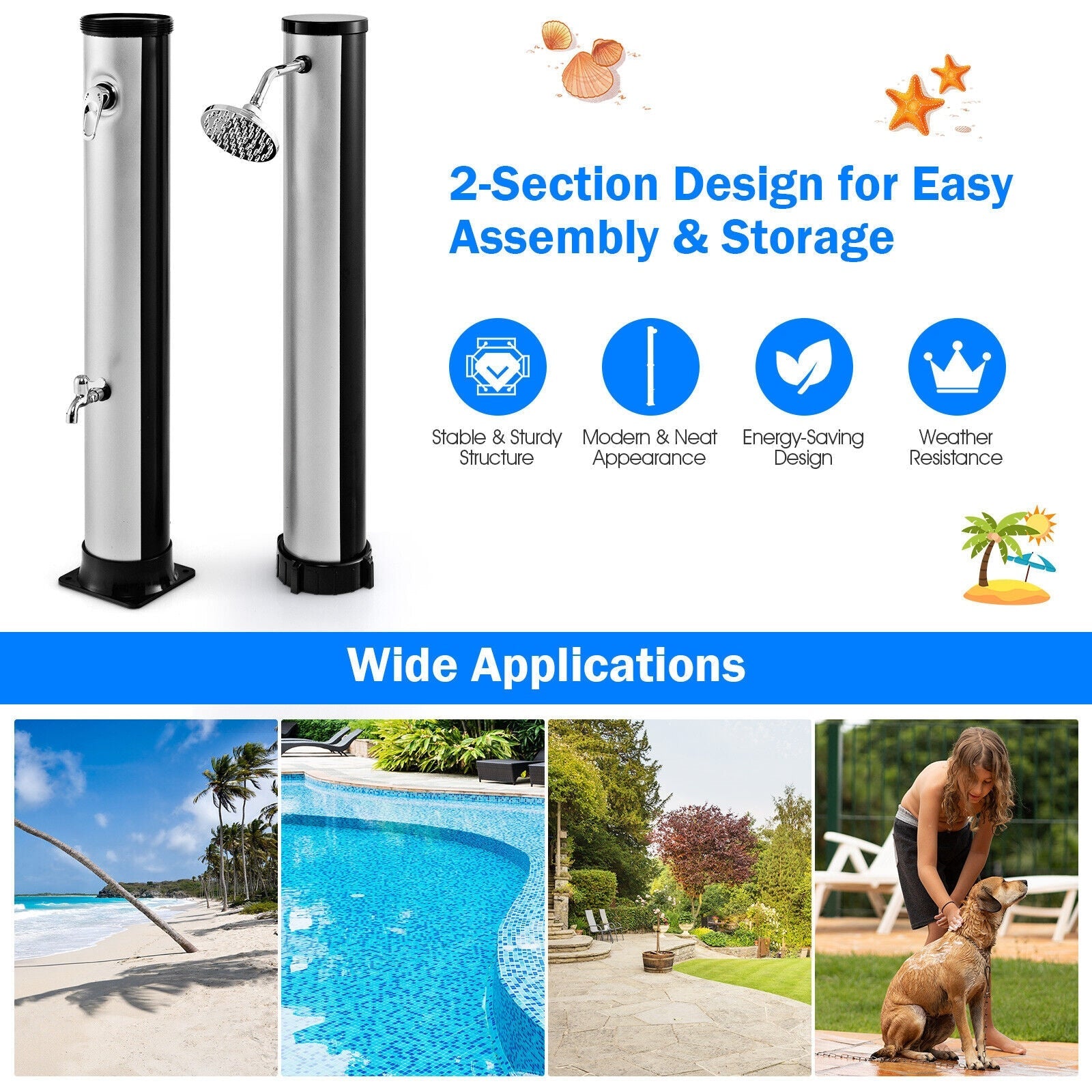7.2 Feet Solar-Heated Outdoor Shower with Free-Rotating Shower Head - Energize Trek
