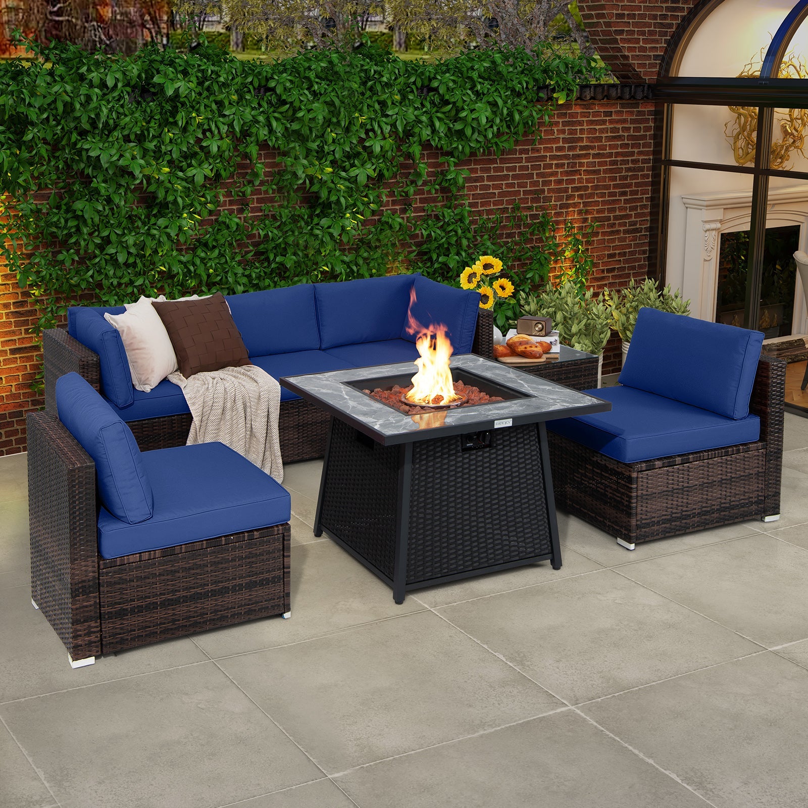 7 Pieces Patio Furniture Set with 35 Inches 50000 BTU Propane Gas Fire Pit Table and Waterproof Cover for Firpit-Navy - Energize Trek