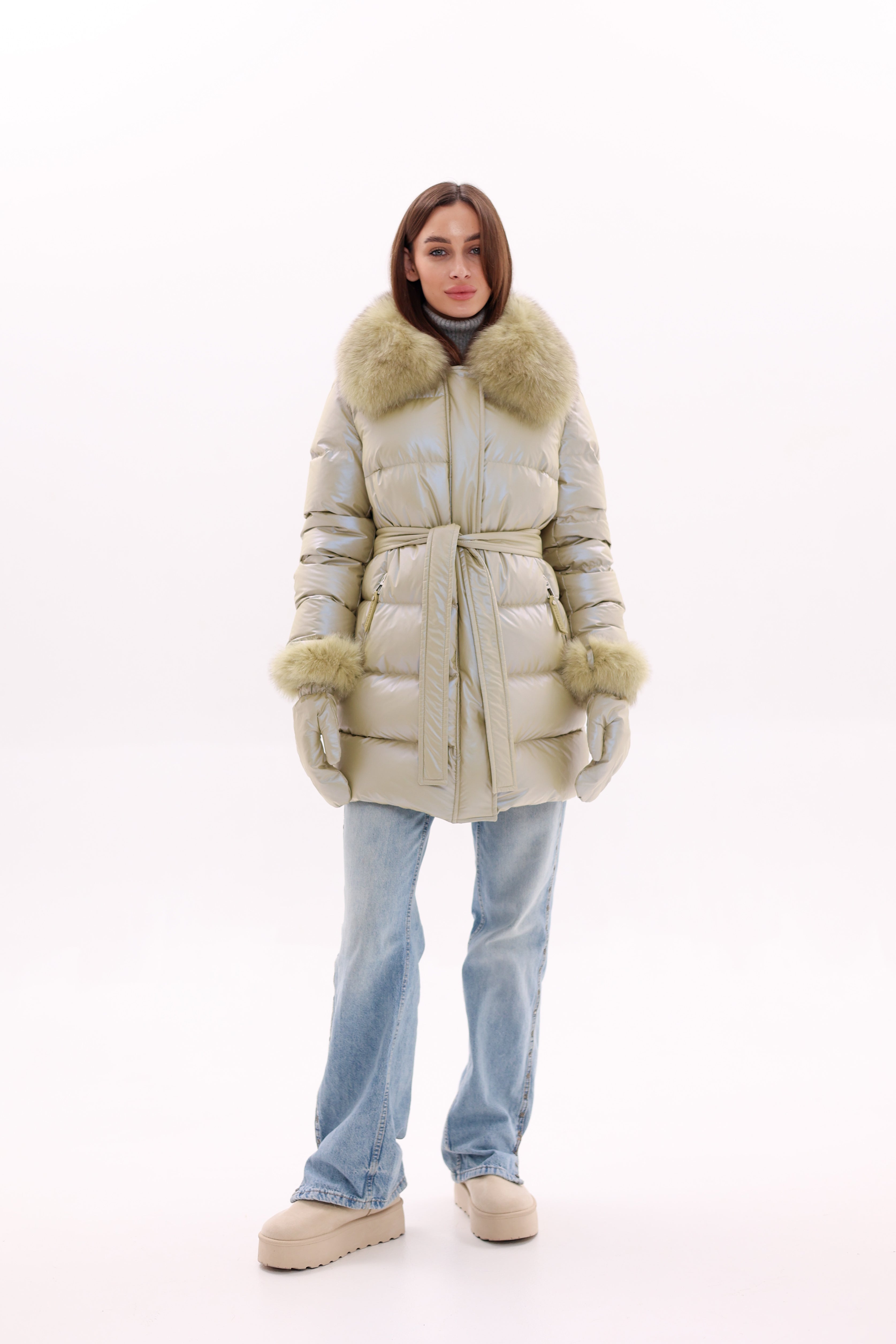 Genuine Fox Fur Down Coat with Fur Trim Mittens - Energize Trek