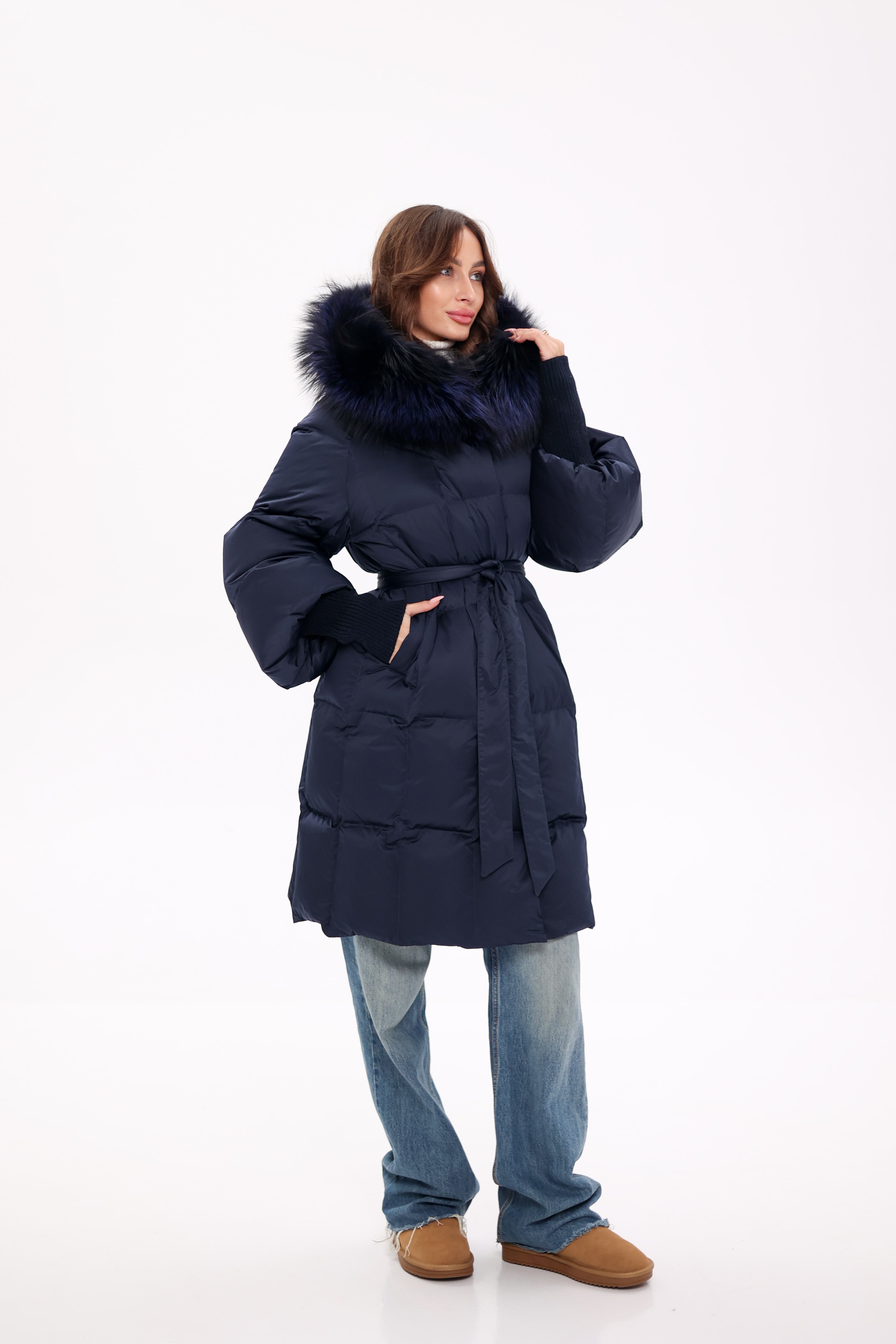 Genuine Fox Fur Trim Down Coat in Royal Blue - Energize Trek