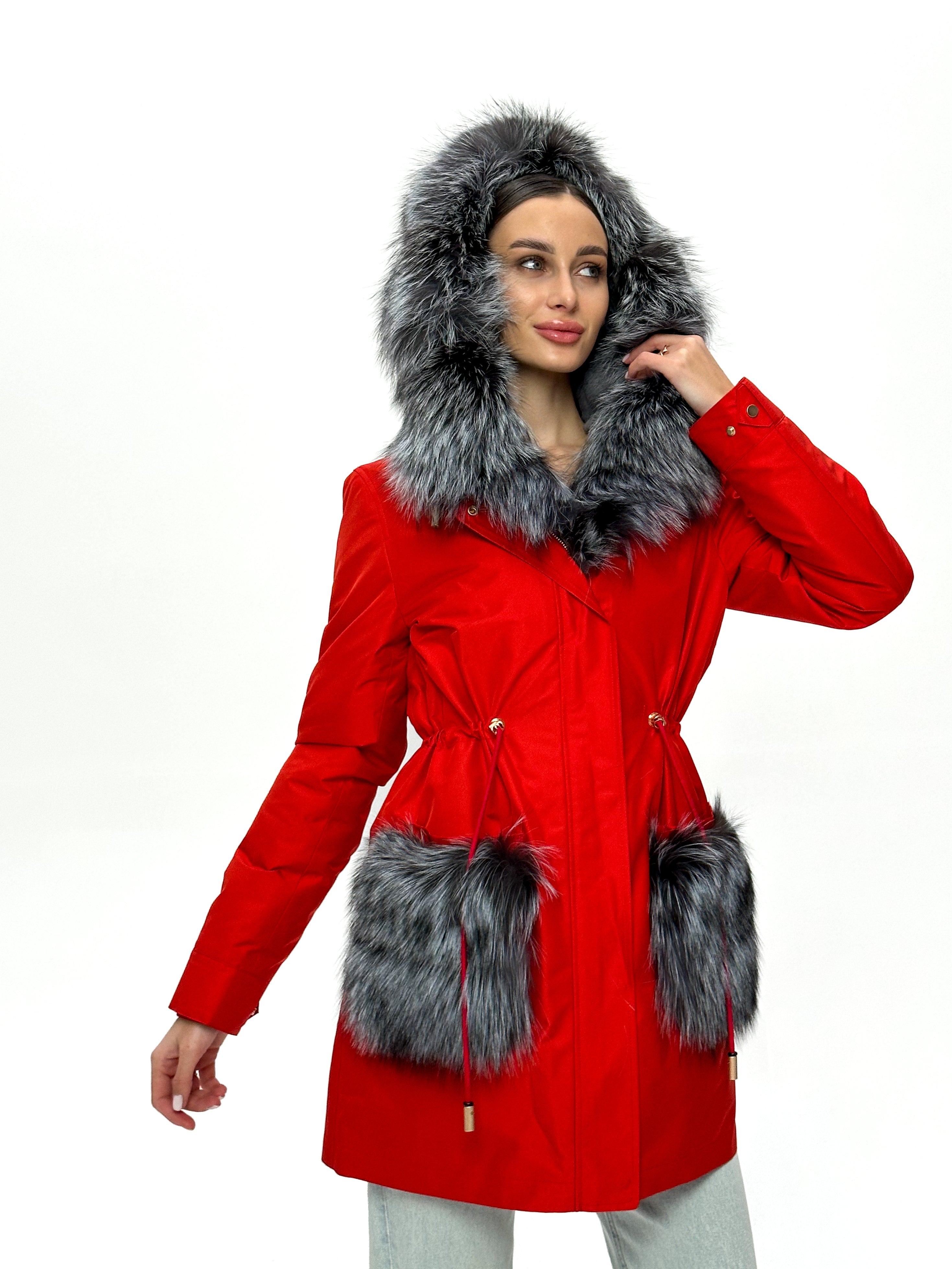 Roma Genuine Silver Fox Fur Rabbit Fur Insulated Parka in Red - Energize Trek