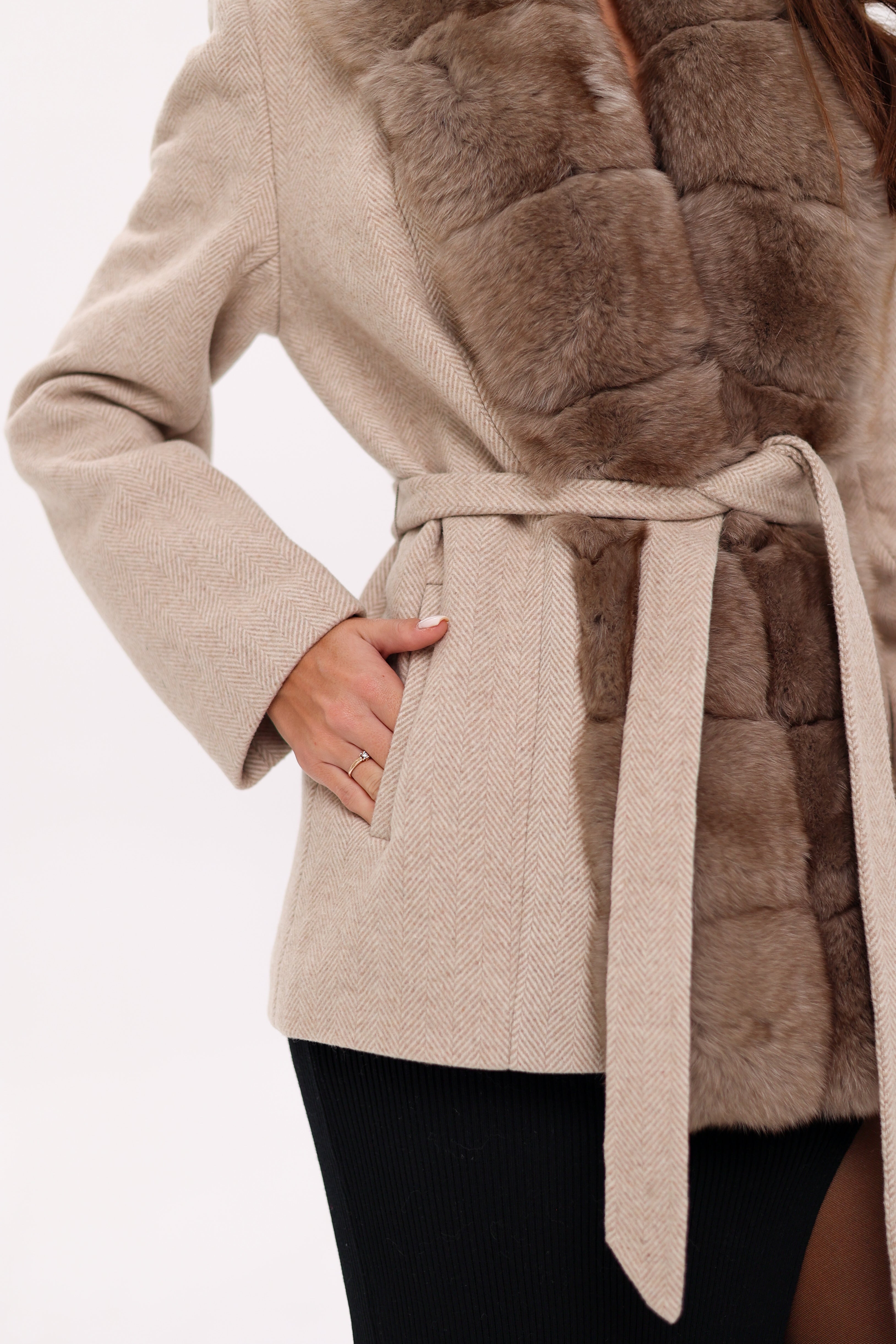 Genuine Polar Fox Fur Virgin Wool Coat in Nude - Energize Trek