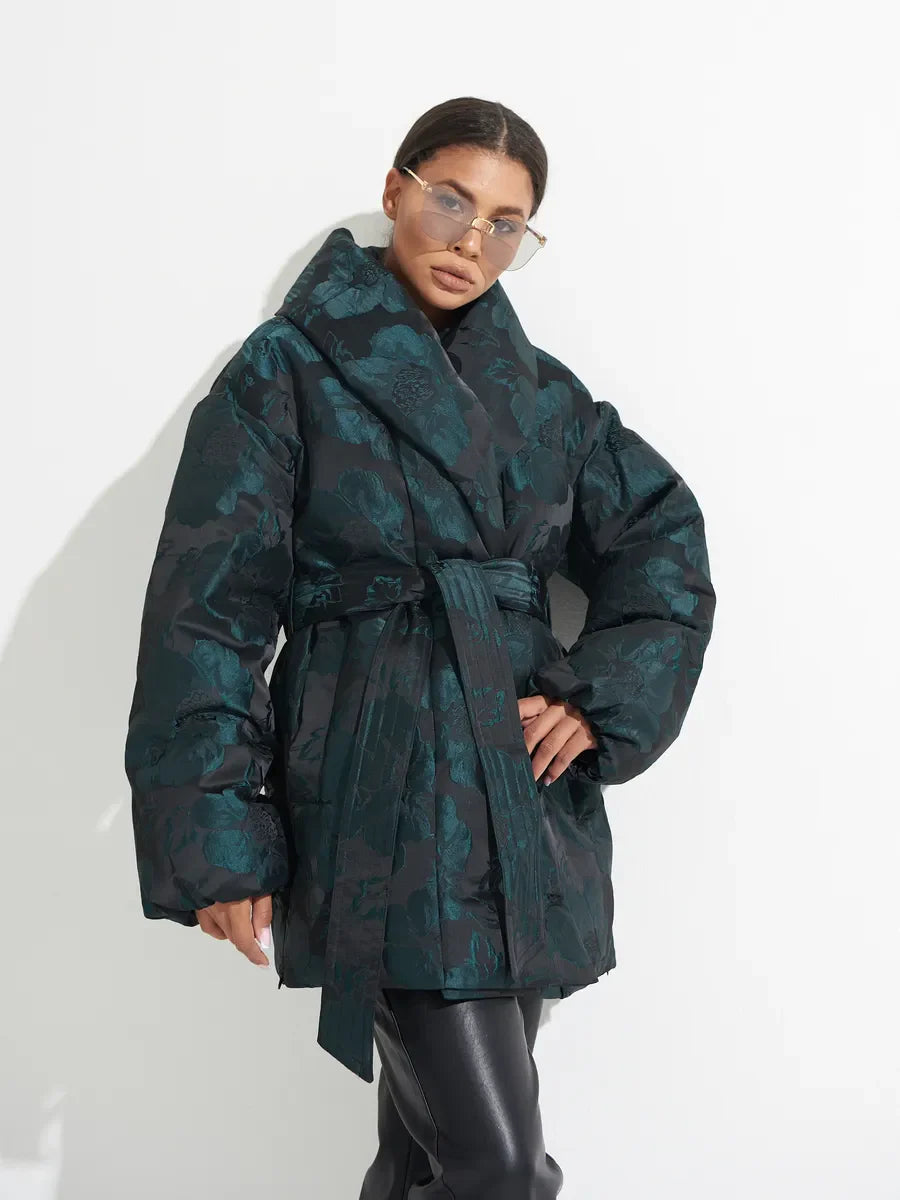 Monochrome Jacquard Down Coat in Vintage Emerald - Energize Trek