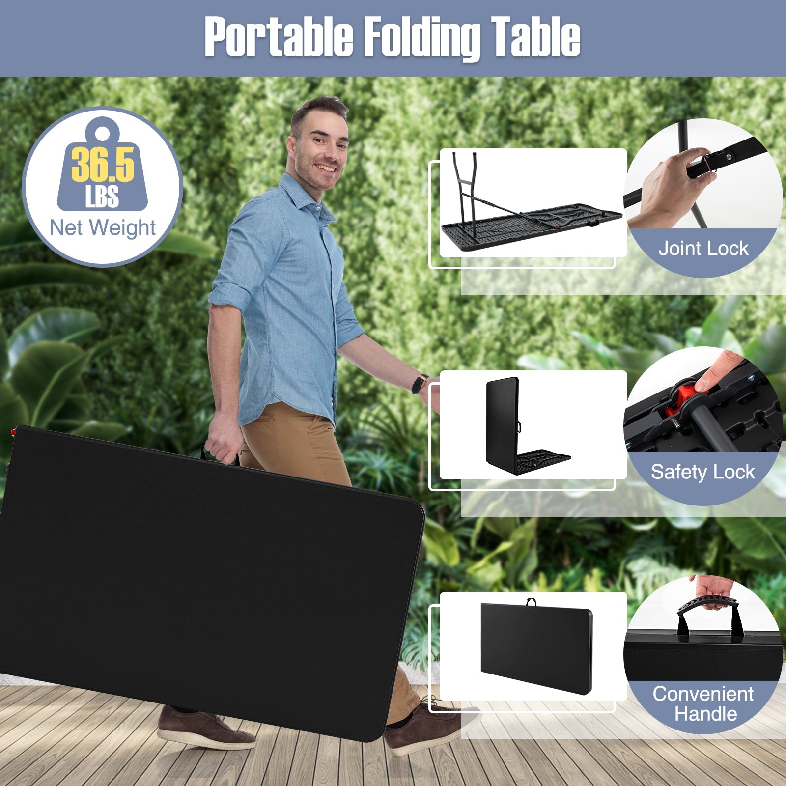 8 ft Portable Folding Table 350 LBS Fold-in-Half Table with HDPE Tabletop - Energize Trek