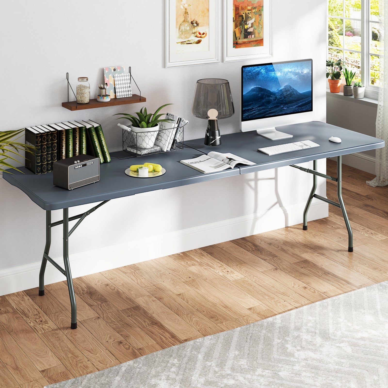 8 ft Portable Folding Table 350 LBS Fold-in-Half Table with HDPE Tabletop - Energize Trek