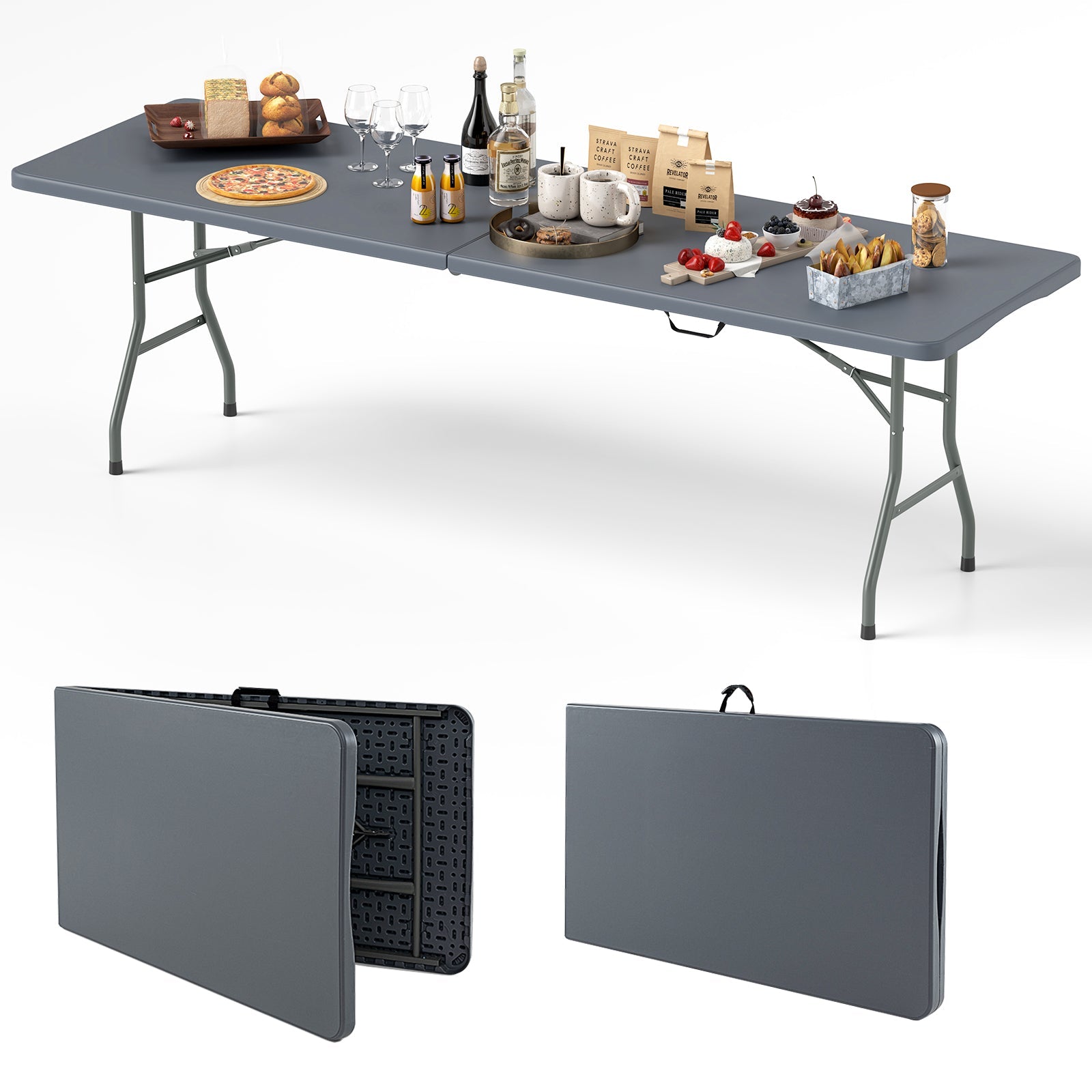 8 ft Portable Folding Table 350 LBS Fold-in-Half Table with HDPE Tabletop - Energize Trek
