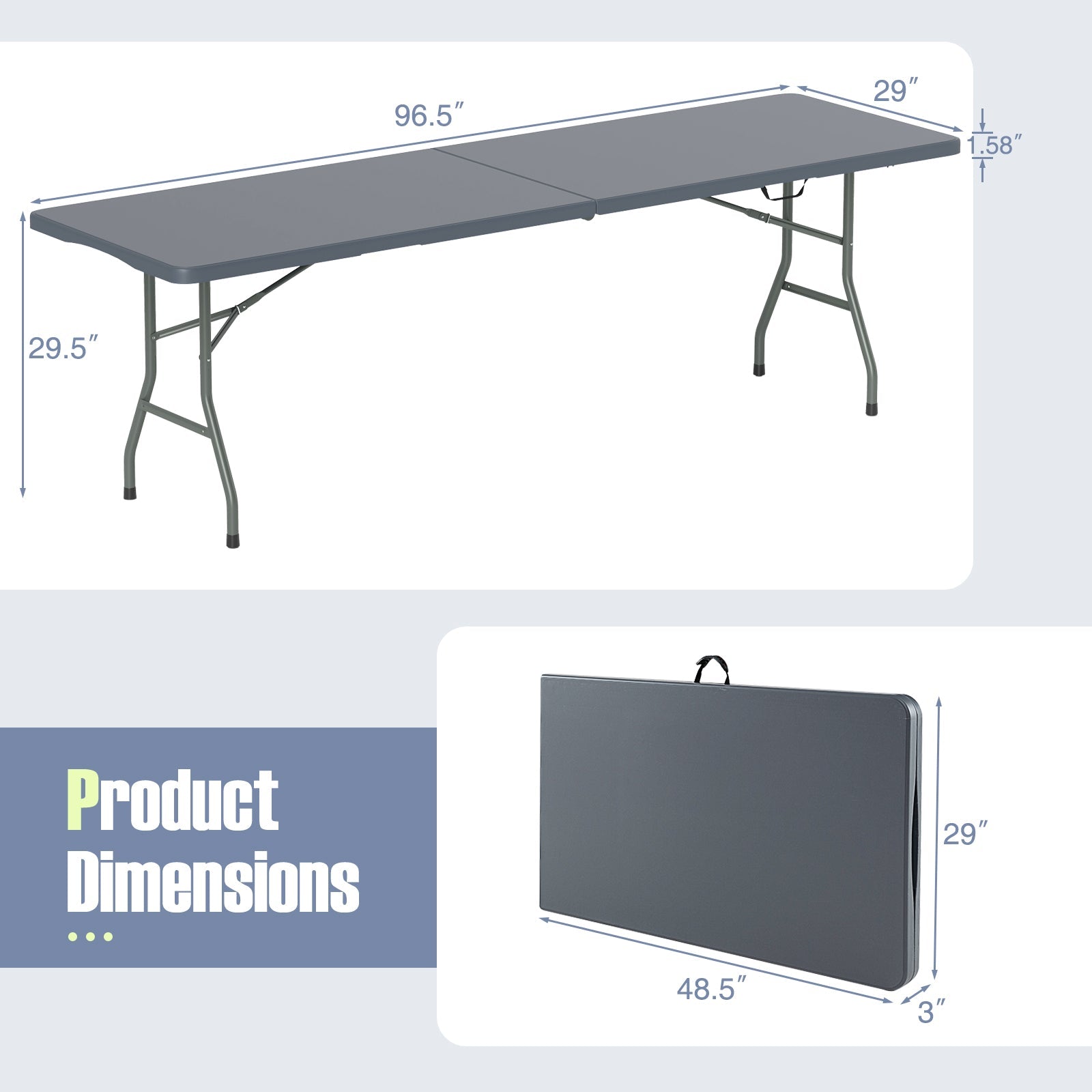 8 ft Portable Folding Table 350 LBS Fold-in-Half Table with HDPE Tabletop - Energize Trek