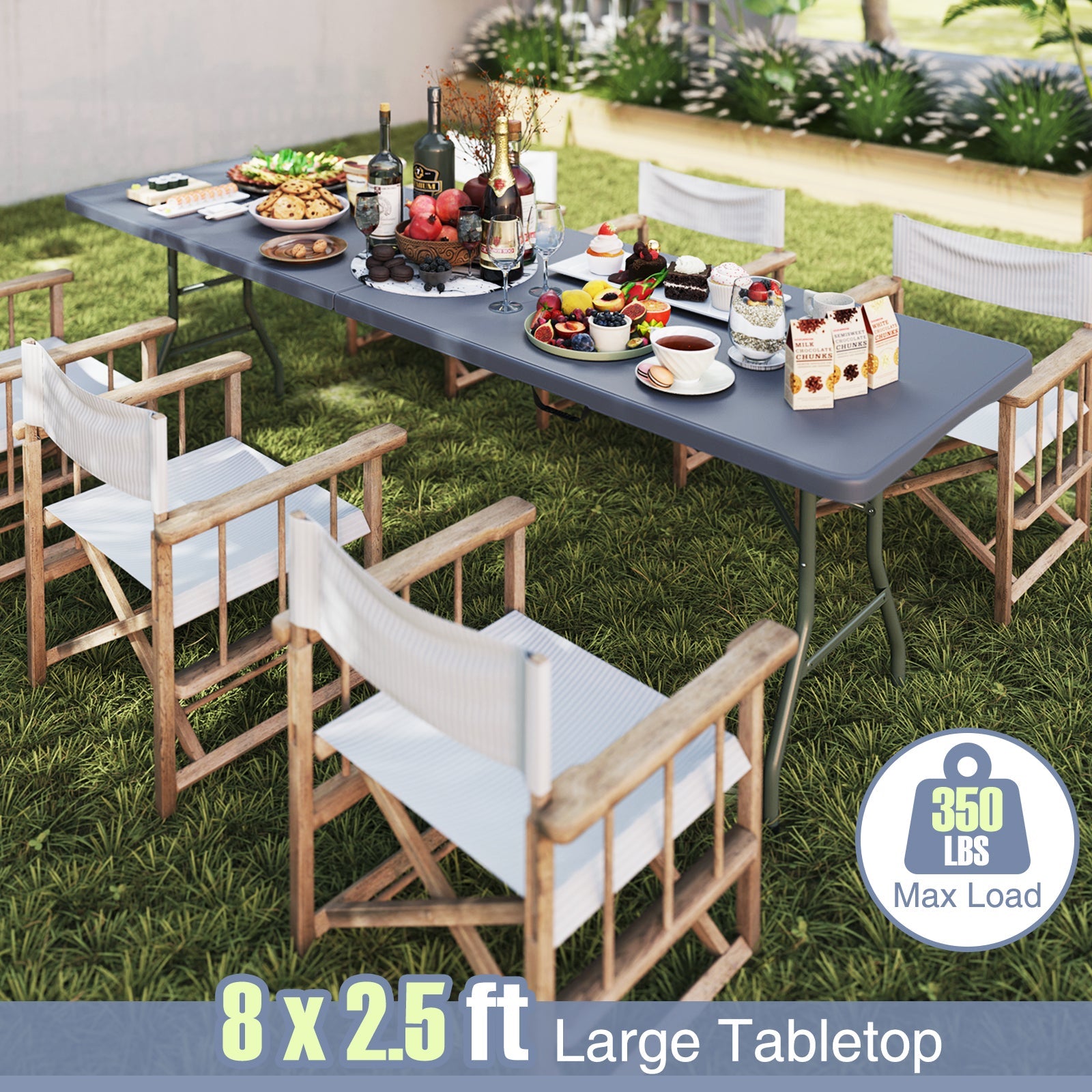 8 ft Portable Folding Table 350 LBS Fold-in-Half Table with HDPE Tabletop - Energize Trek