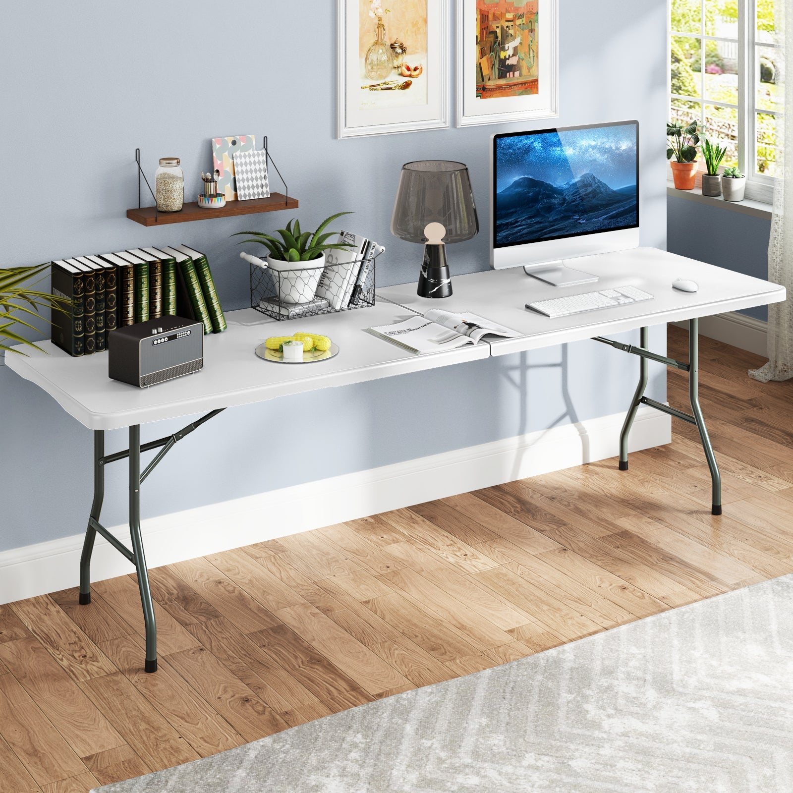 8 ft Portable Folding Table 350 LBS Fold-in-Half Table with HDPE Tabletop - Energize Trek