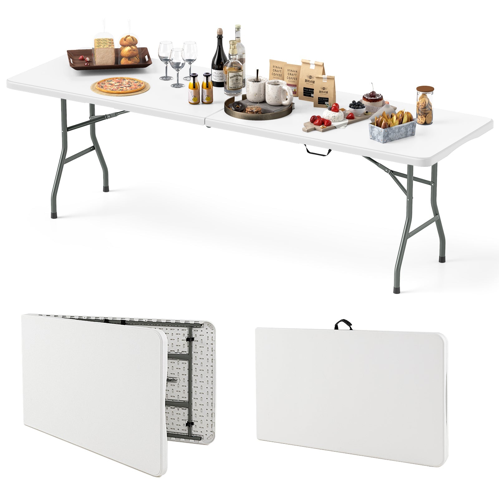 8 ft Portable Folding Table 350 LBS Fold-in-Half Table with HDPE Tabletop - Energize Trek