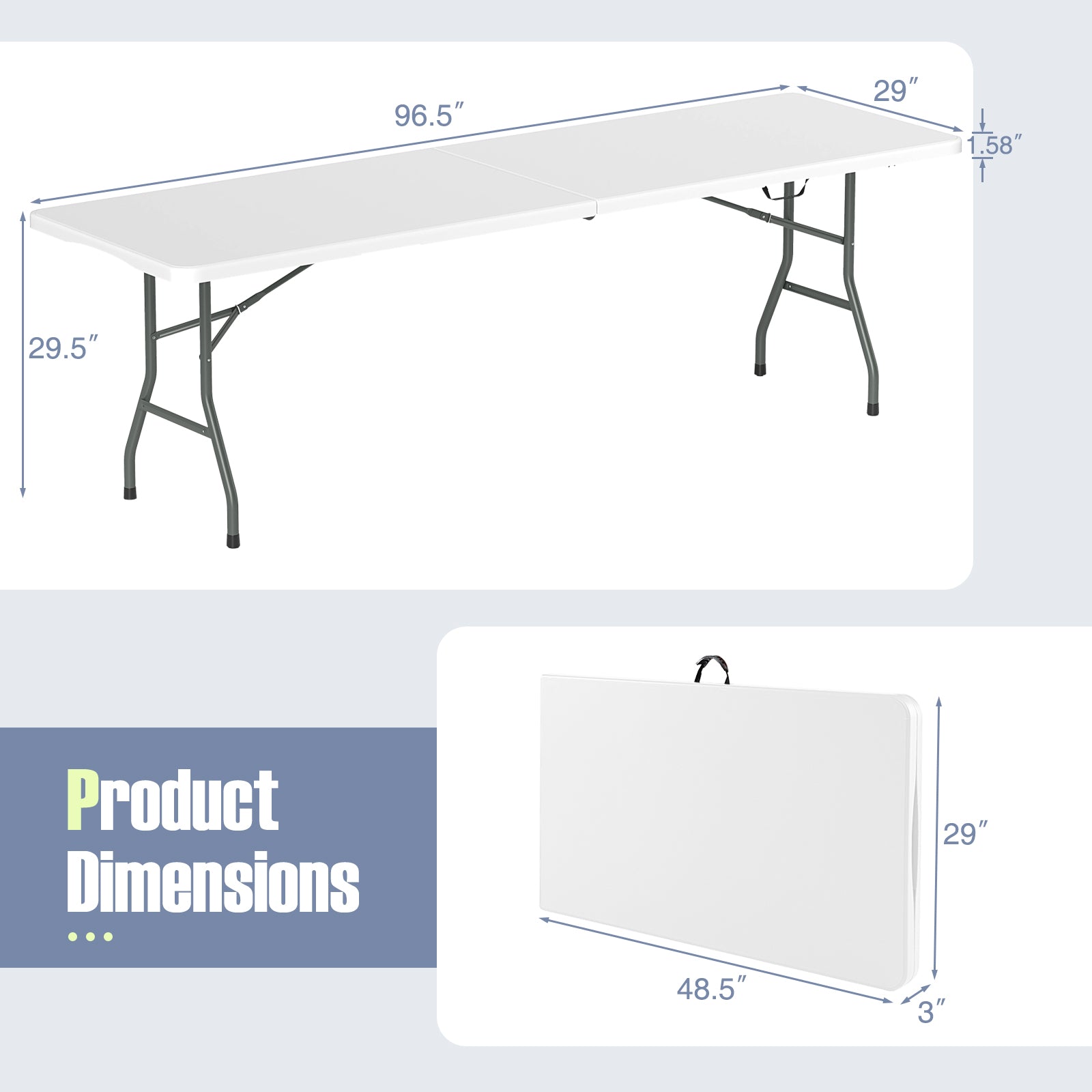 8 ft Portable Folding Table 350 LBS Fold-in-Half Table with HDPE Tabletop - Energize Trek