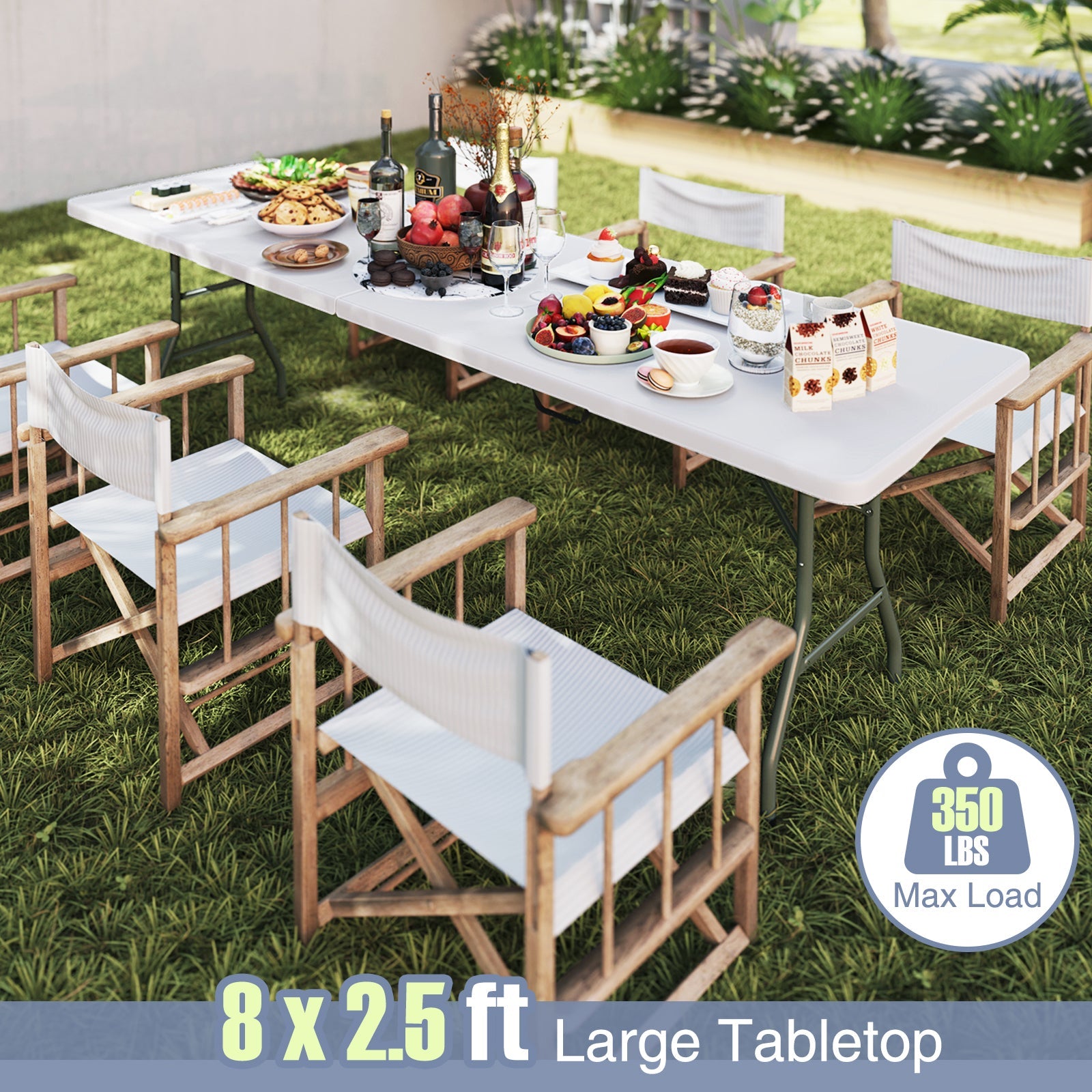 8 ft Portable Folding Table 350 LBS Fold-in-Half Table with HDPE Tabletop - Energize Trek
