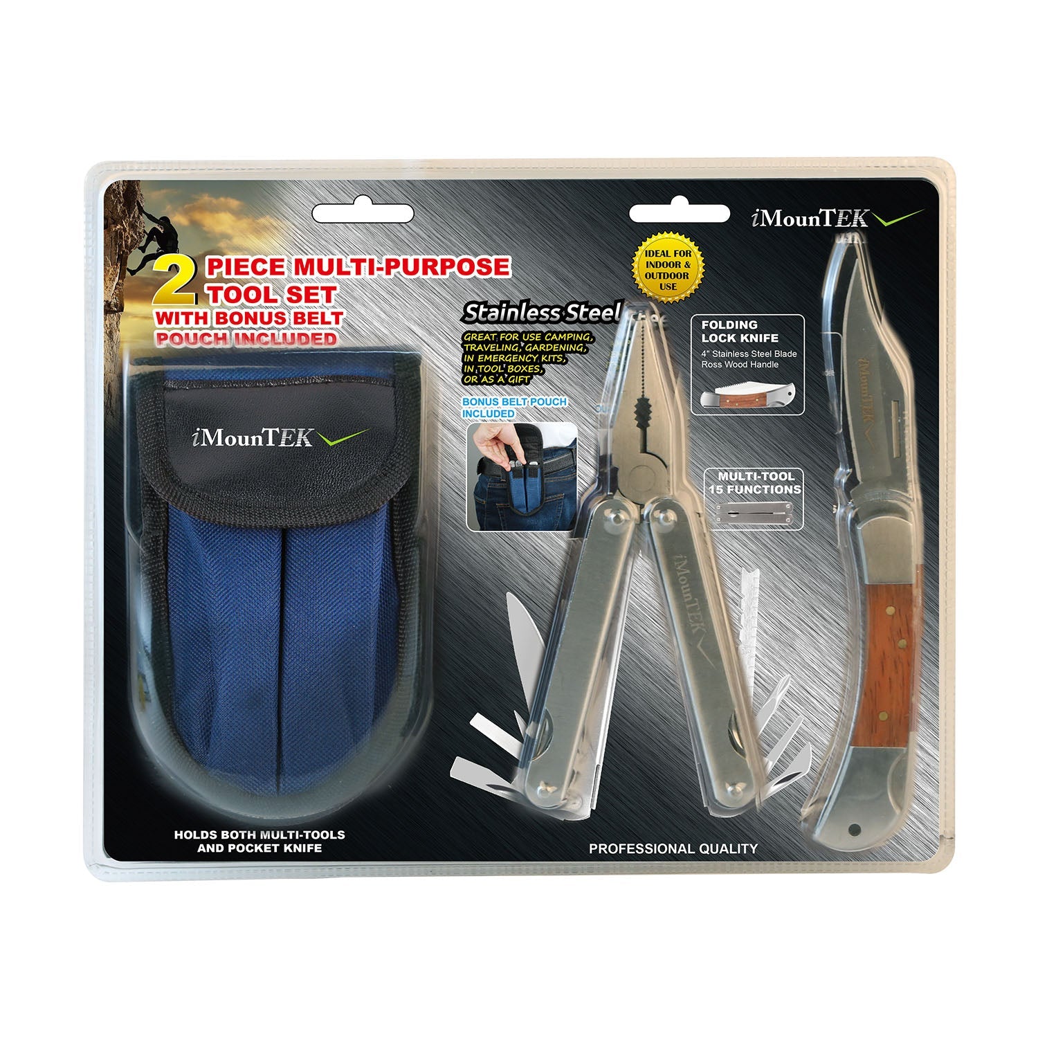 3 Piece Tool Kit with 13-in-1 Multi Tool, Pocket Knife, and Belt Holster