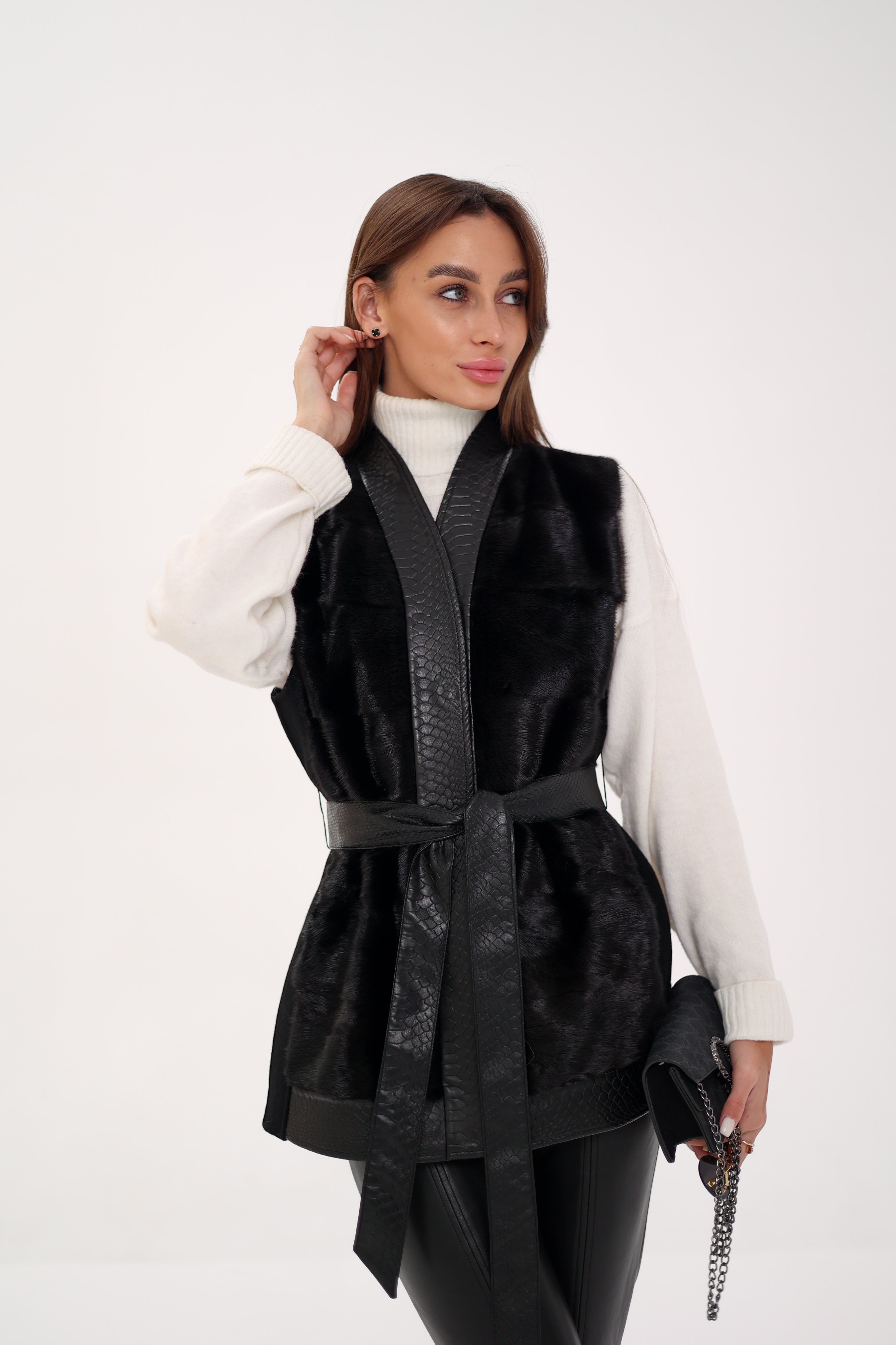 Genuine Mink Fur Leather Trim Wool Vest - Energize Trek