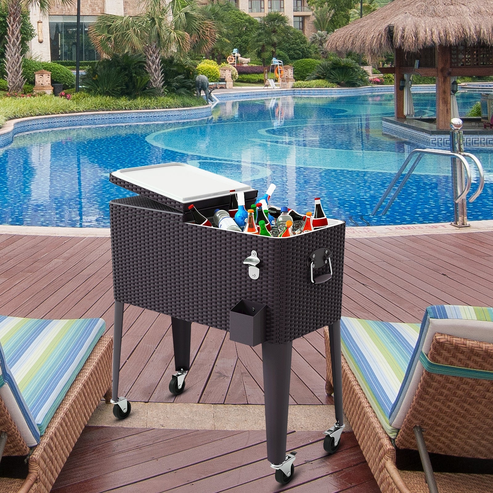 80QT Outdoor Party Portable Rattan Rolling Cooler Cart - Energize Trek