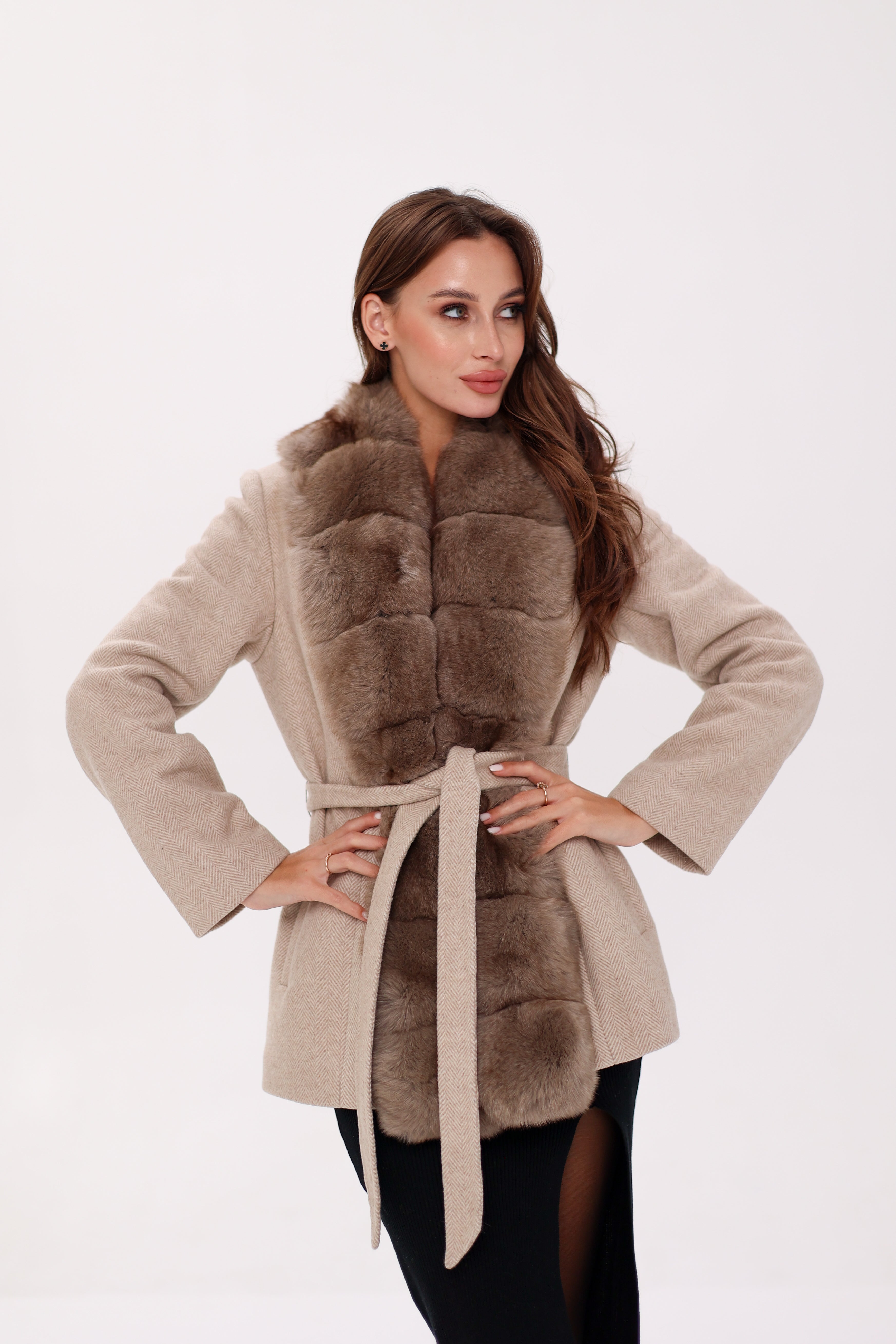 Genuine Polar Fox Fur Virgin Wool Coat in Nude - Energize Trek
