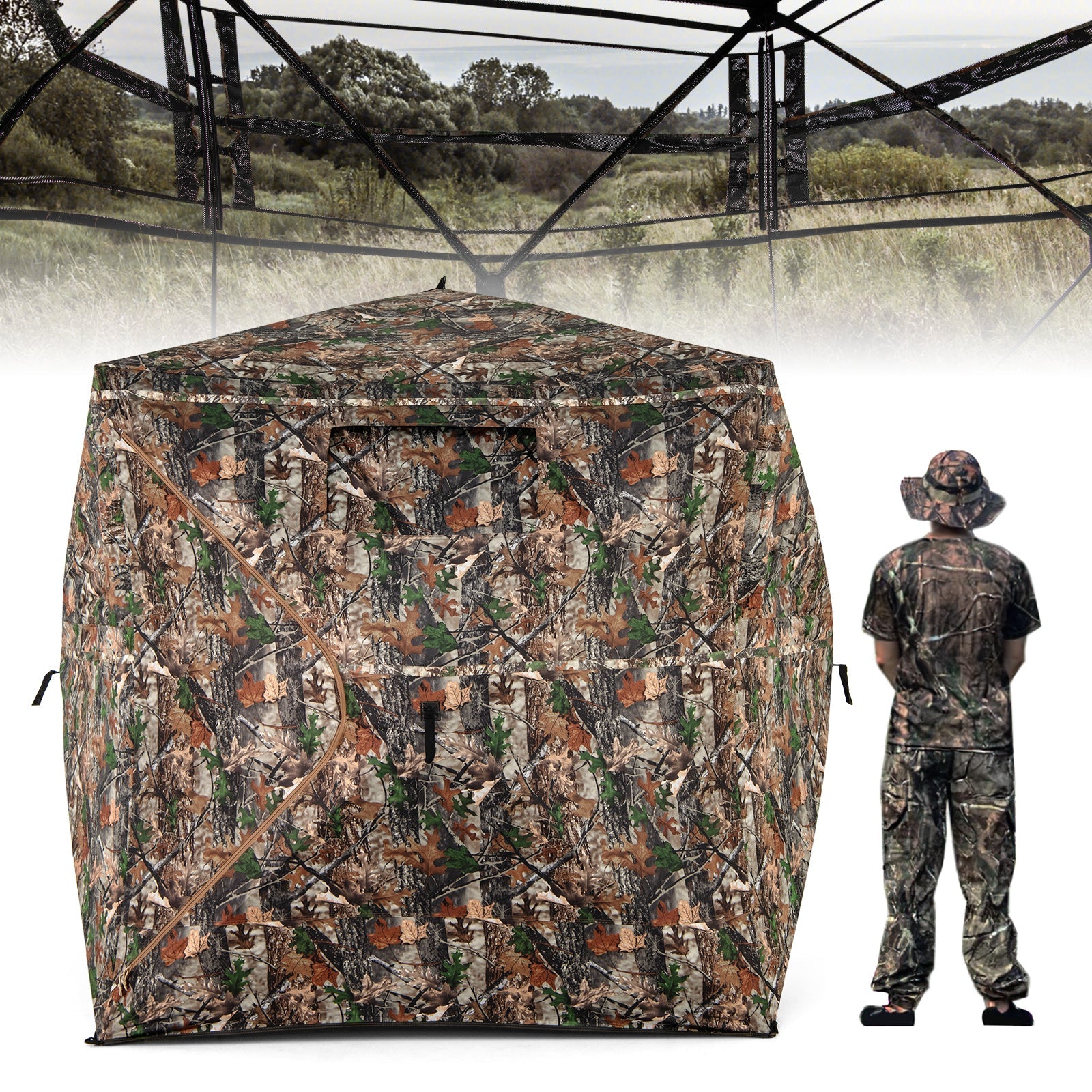 82 Inch Tall Hunting Blind 270° One Way See Through Ground Tent for 3-4 People - Energize Trek