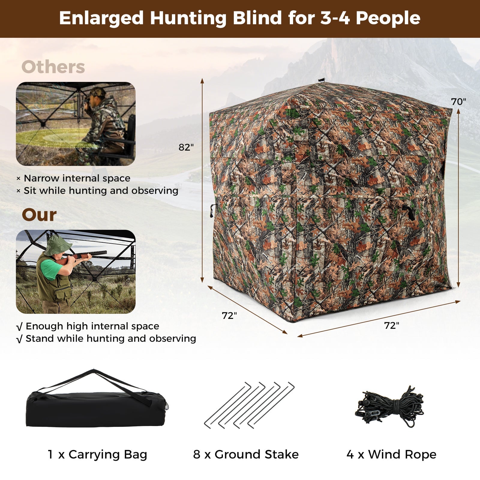 82 Inch Tall Hunting Blind 270° One Way See Through Ground Tent for 3-4 People - Energize Trek