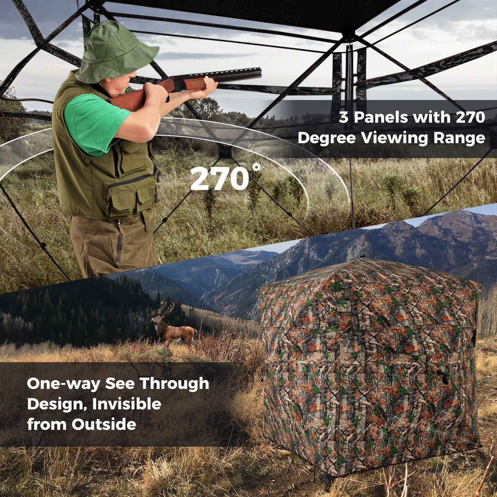 82 Inch Tall Hunting Blind 270° One Way See Through Ground Tent for 3-4 People - Energize Trek