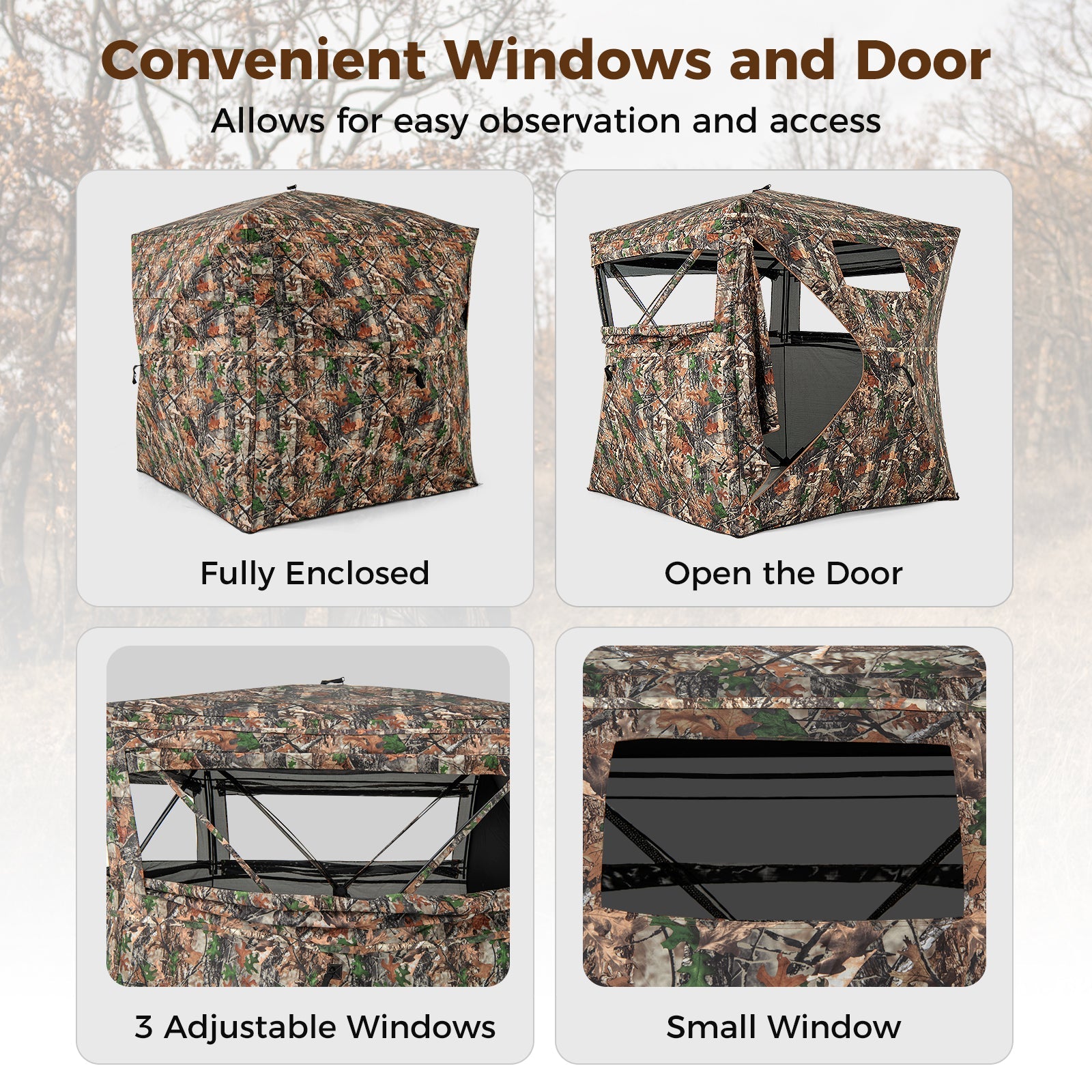 82 Inch Tall Hunting Blind 270° One Way See Through Ground Tent for 3-4 People - Energize Trek