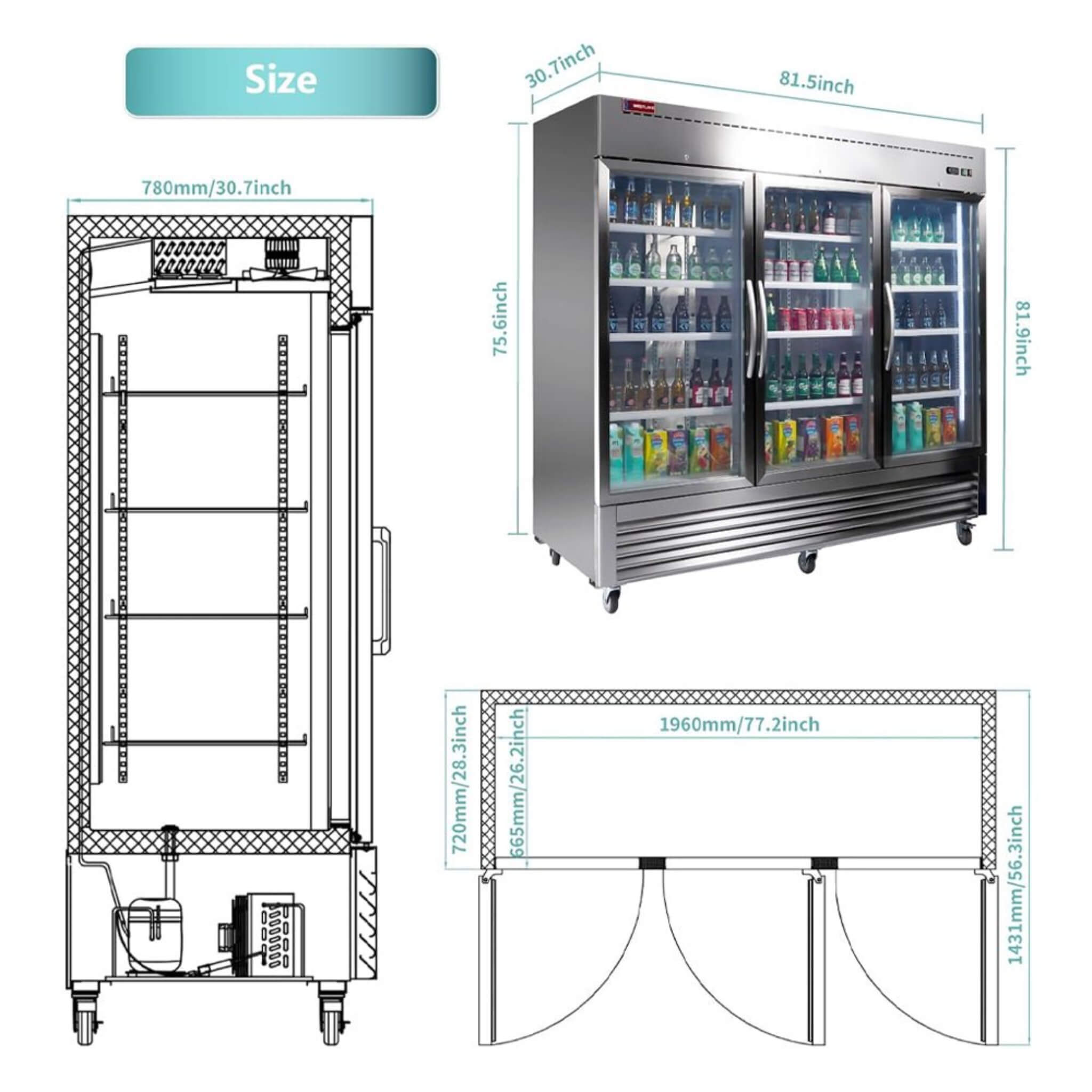 82" Commercial Stainless Steel Upright Display 3 Section Merchandiser Refrigerator (SAK15724) - Energize Trek