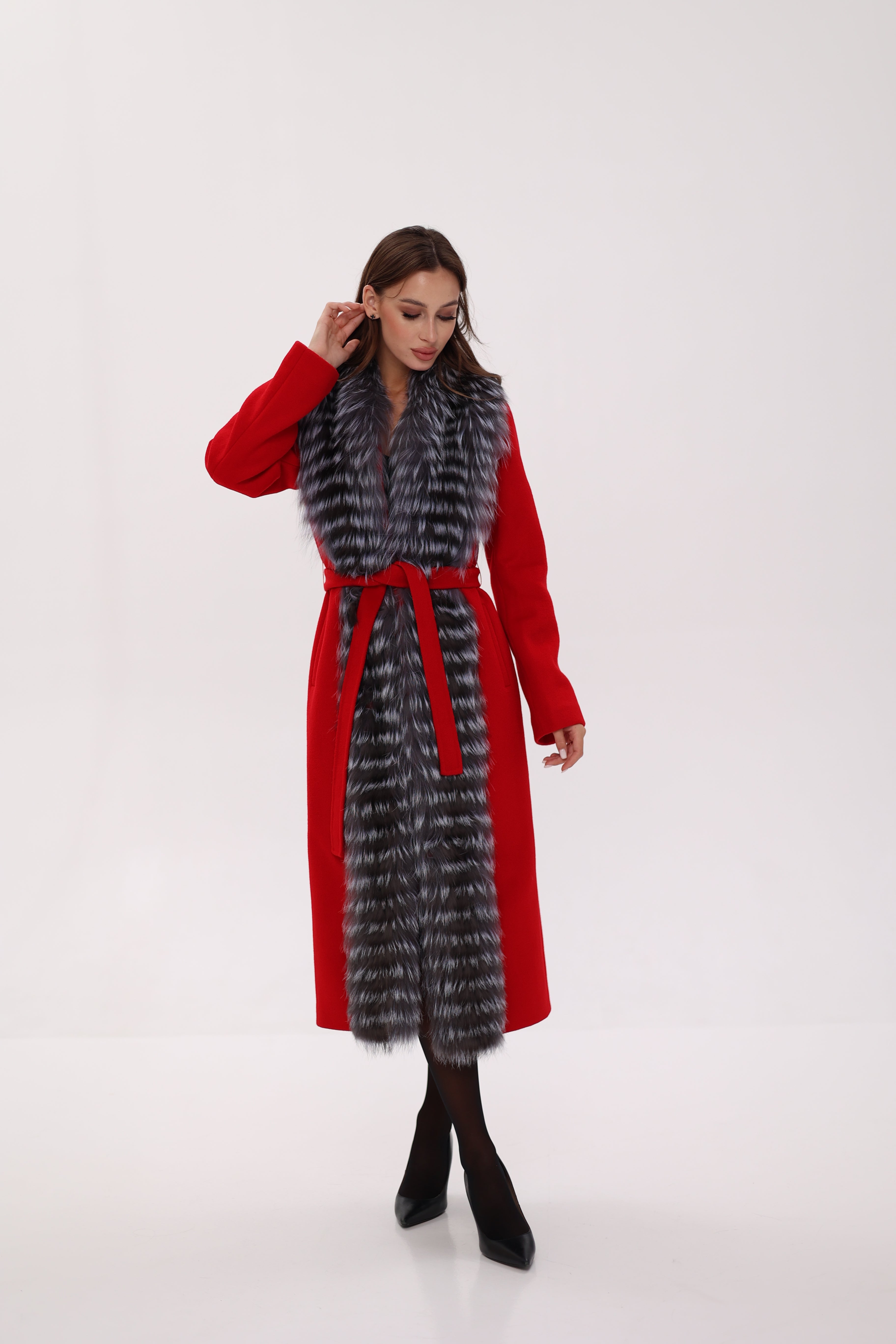 Genuine Silver Fox Virgin Wool Wrap Coat in Red - Energize Trek